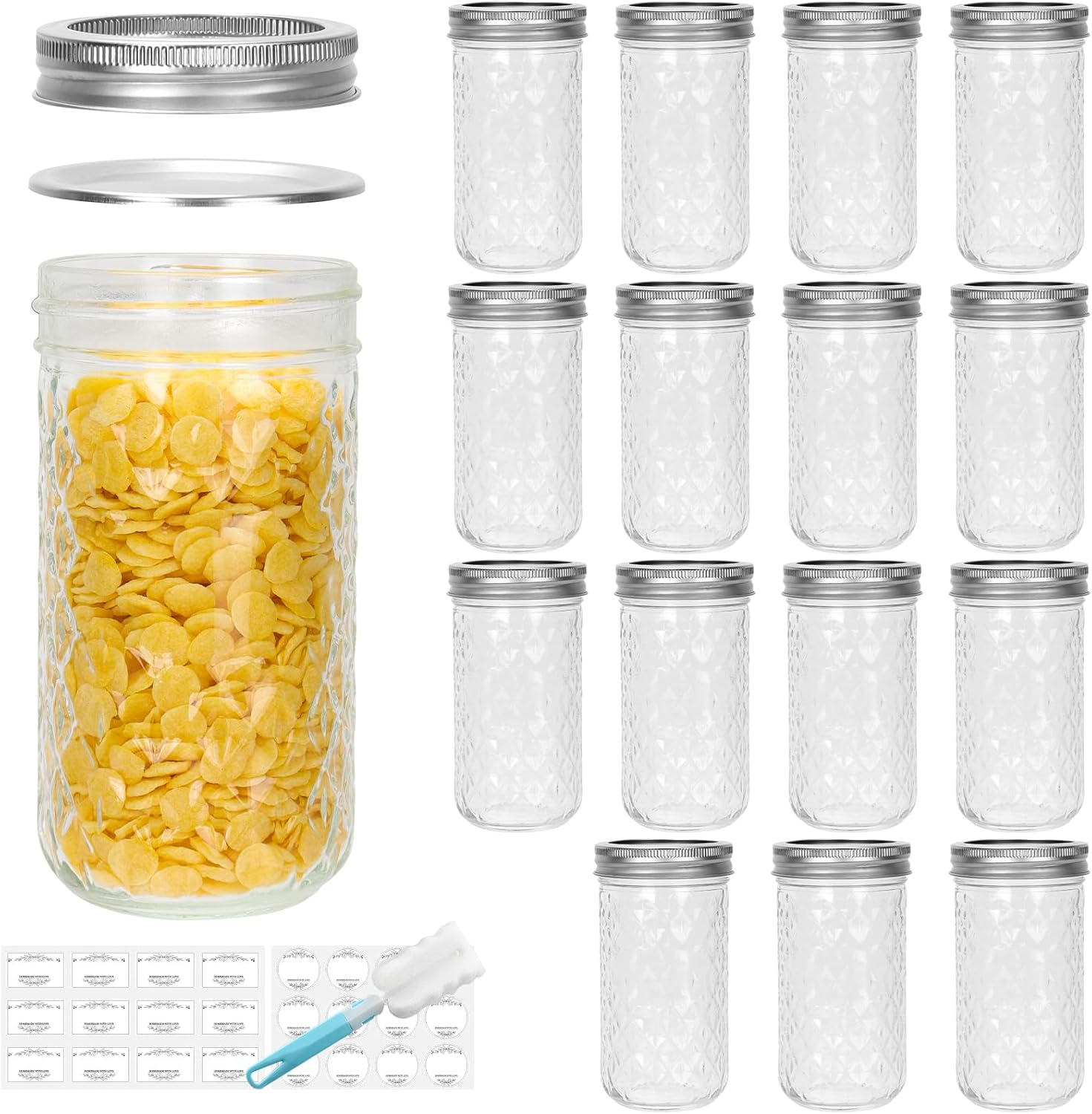 DHSBTLS Glass Regular Mouth Mason Jars, 15 Pack 12 oz Glass Canning Jars with Silver Aluminum Lids and Bands, Airtight Jars for Food Storage, Canning, Overnight Oats, Fermenting, Pickling, Decor
