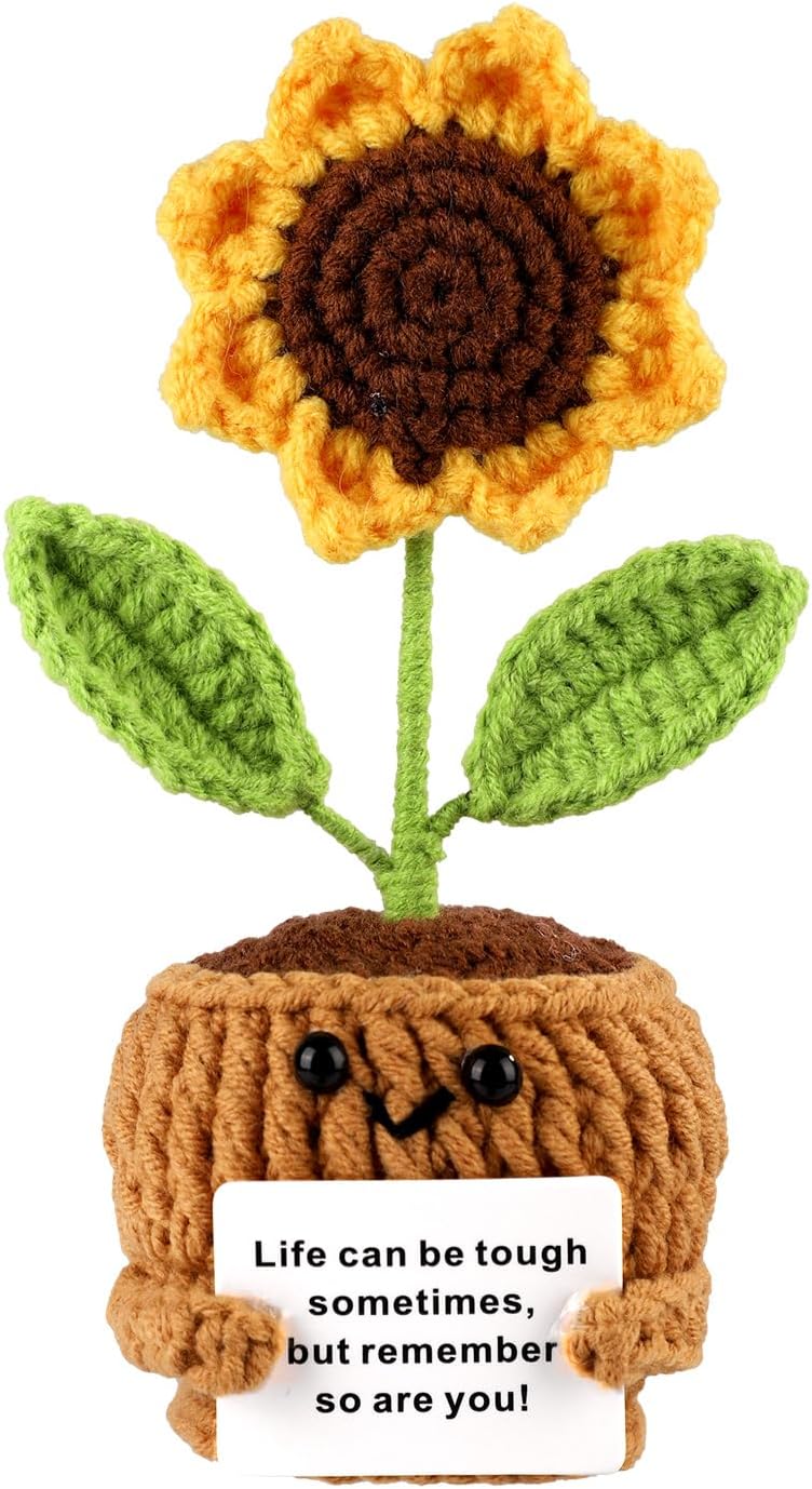 TOYMIS Positive Sunflower, Positive Crochet Potted Plant Positive Sunflower Crochet Knitted Sunflower Crochet Potato Flower with Positive Note for Party Decoration Motivational Gift