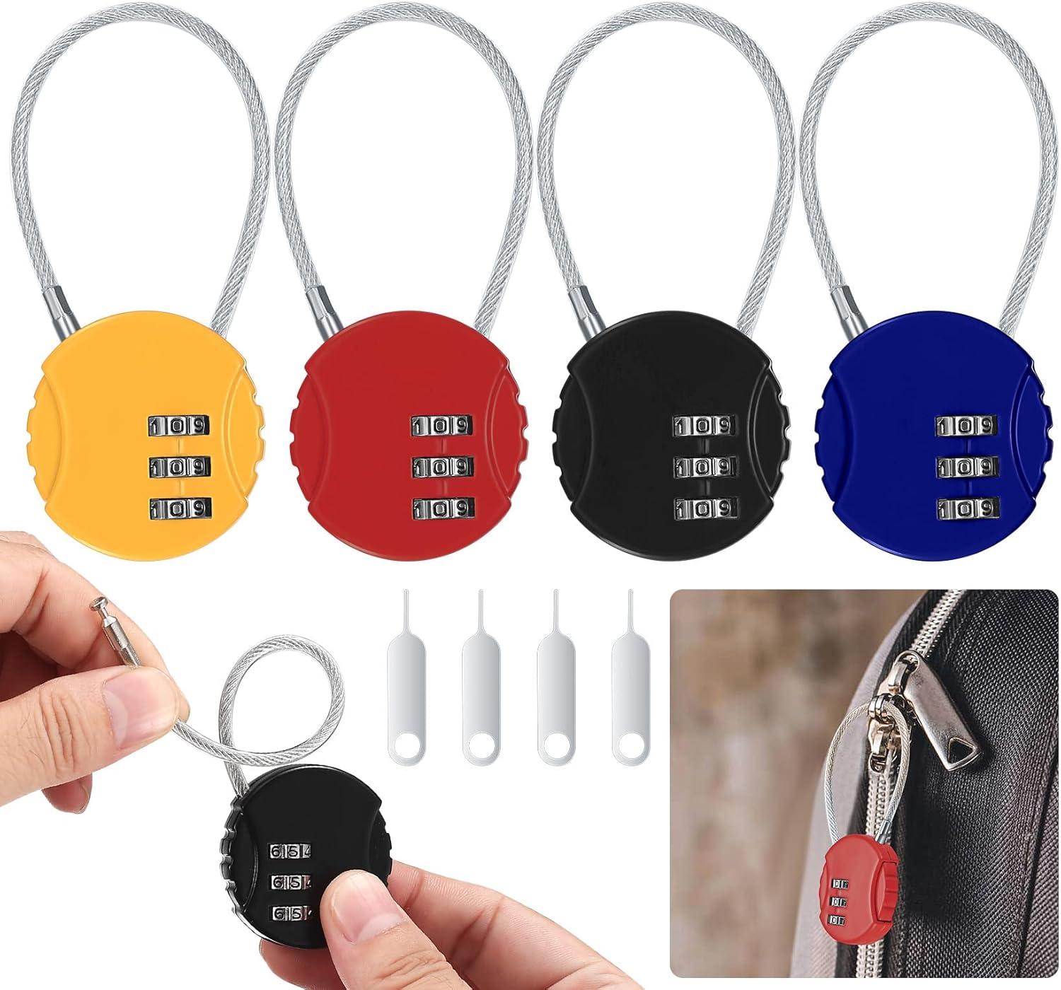 4 Pcs Combination Padlocks, Small Padlock with Combination, Keyless Resettable Padlocks, 3 Digit Combination Security Padlocks, Combination Lock for Cabinets, Suitcases, with 4 x Coders