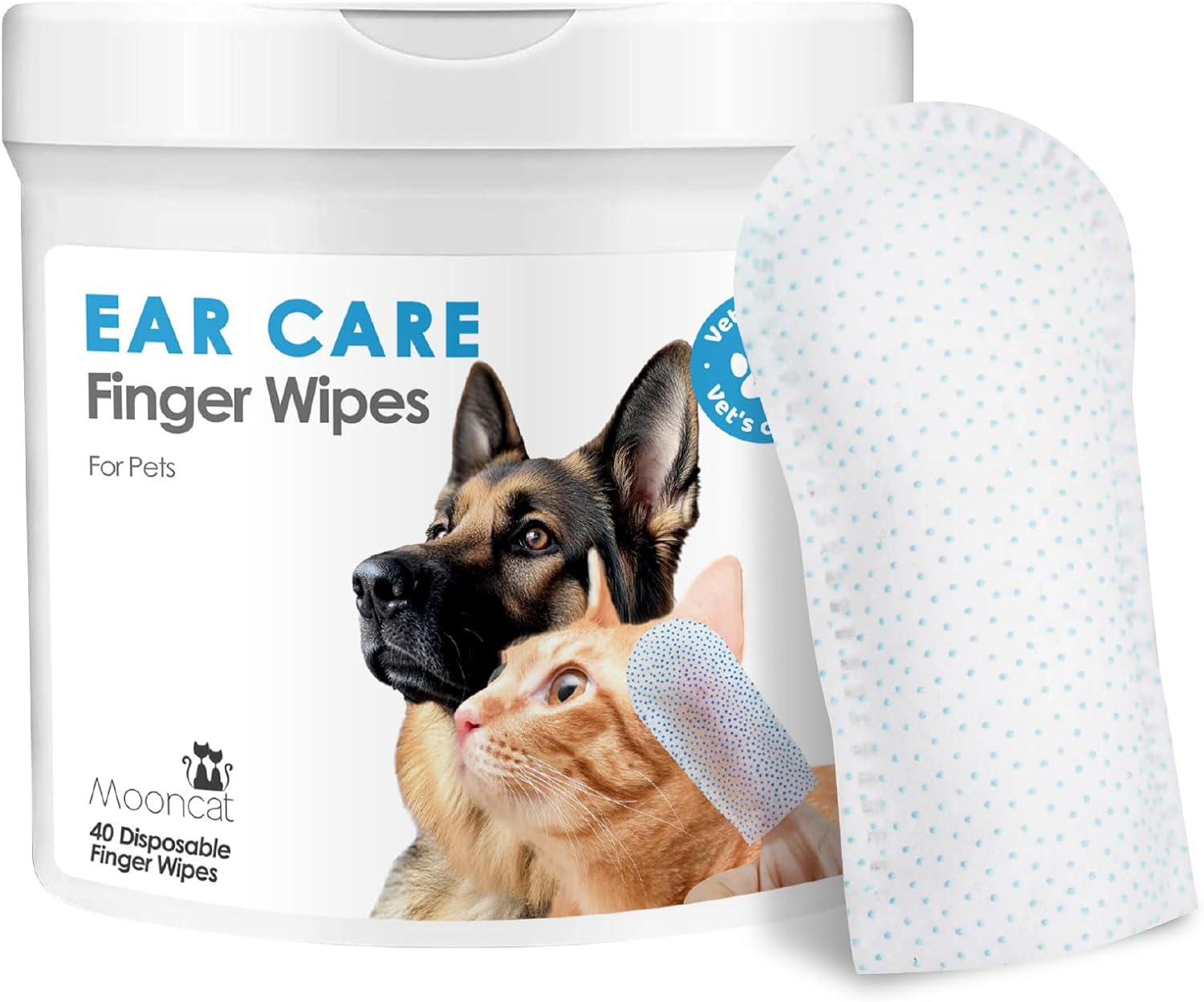 Mooncat Cat & Dog Ear Cleaner Wipes - Gentle Finger Wipes for Ear Infection, Mites, Wax & Odor - Easy & Soothing Itch Relief Cleaning Solution for Sensitive Ears - 40 Finger Wipes
