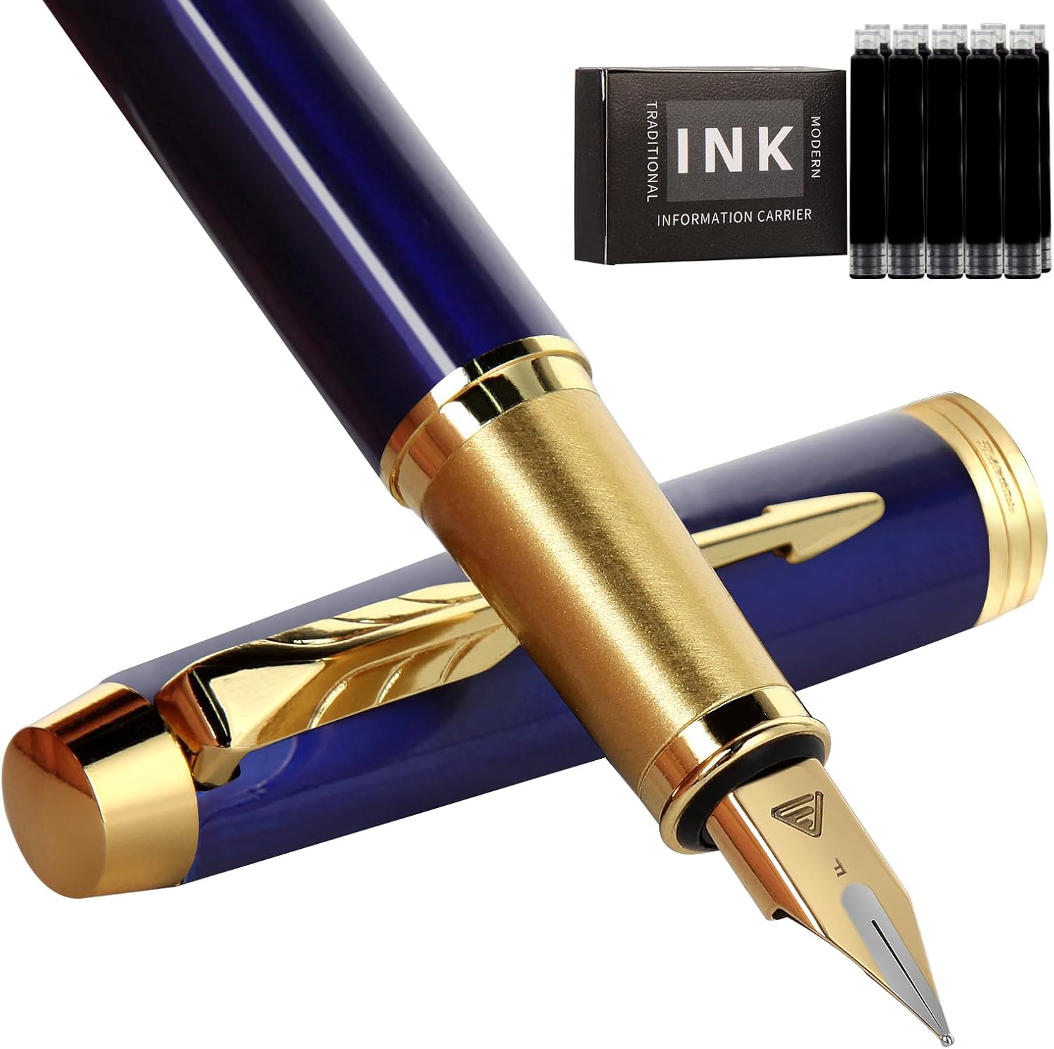 Zalantan Fountain Pen, luxury pens, Fine point smooth writing pens for journaling fancy pens with Gift Case 10 black ink cartridges an ink converte nice pens metal pen writer gifts (Blue)