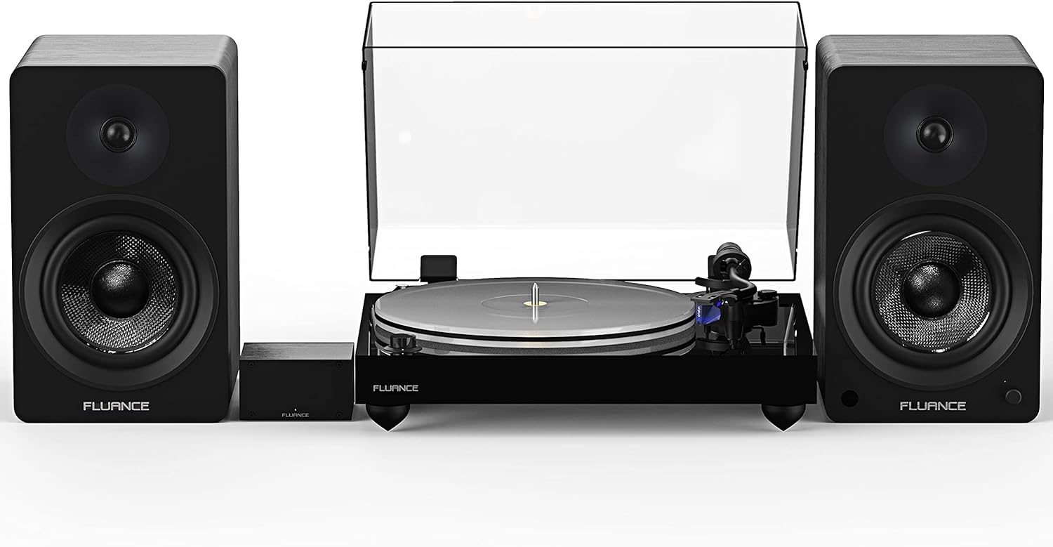 Fluance Reference RT85 High Fidelity Vinyl Turntable (Piano Black), PA10 Phono Preamp and Ai61 Powered 6.5" Bookshelf Speakers (Black Ash), Ortofon 2M Blue Cartridge, 120W Class D Amplifier, Bluetooth