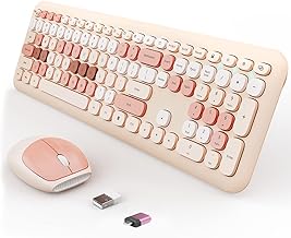 Wireless Keyboard and Mouse Combo, Colorful Ergonomic Full Size Retro Low-Noise Keyboard with Cute keycaps, Compatible with Windows, PC, Perfer for Home and Office Keyboards (Brown)