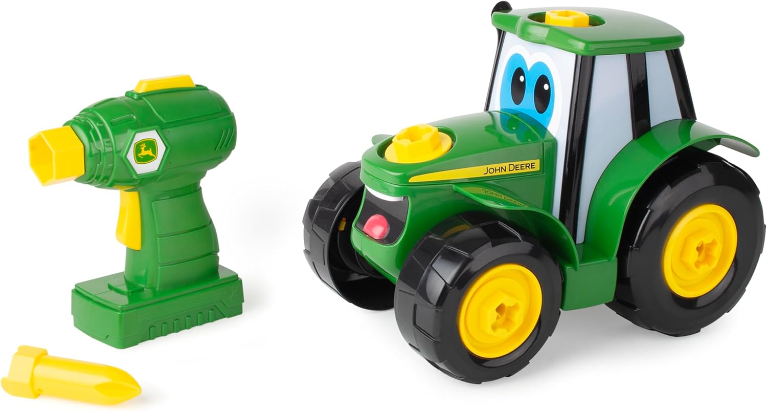 John Deere Build A Johnny Tractor, 16 Piece Building Farm Toy Car, Tractor Toy With Motorised Drill For 18 Months, 2, 3 and 4 Years Old Boys and Girls