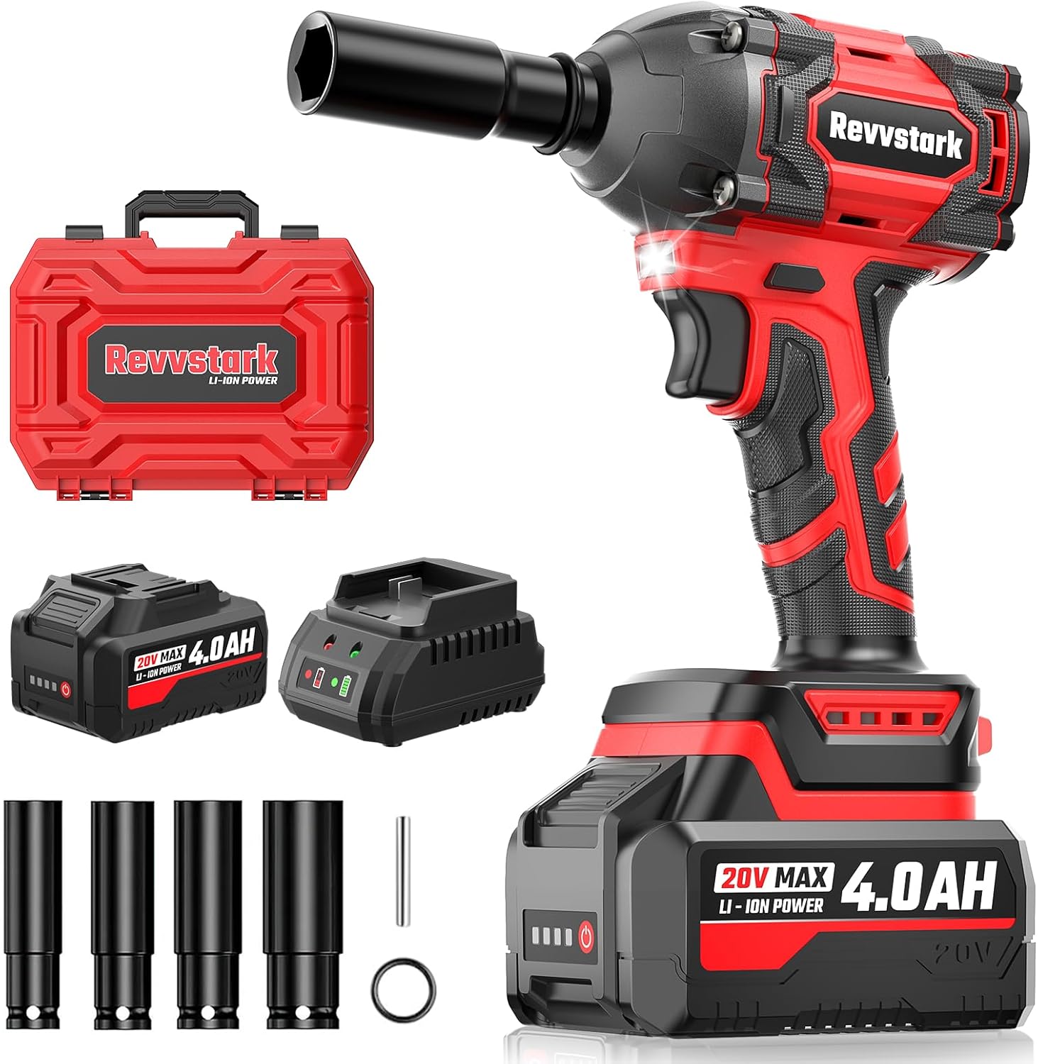 Impact Wrench, Max Torque 400 N.m Cordless 1/2 Impact Driver, 20V 3000RPM Brushless Motor, 4.0Ah Li-ion Battery and Fast Charger, 4 Pcs Sockets Included