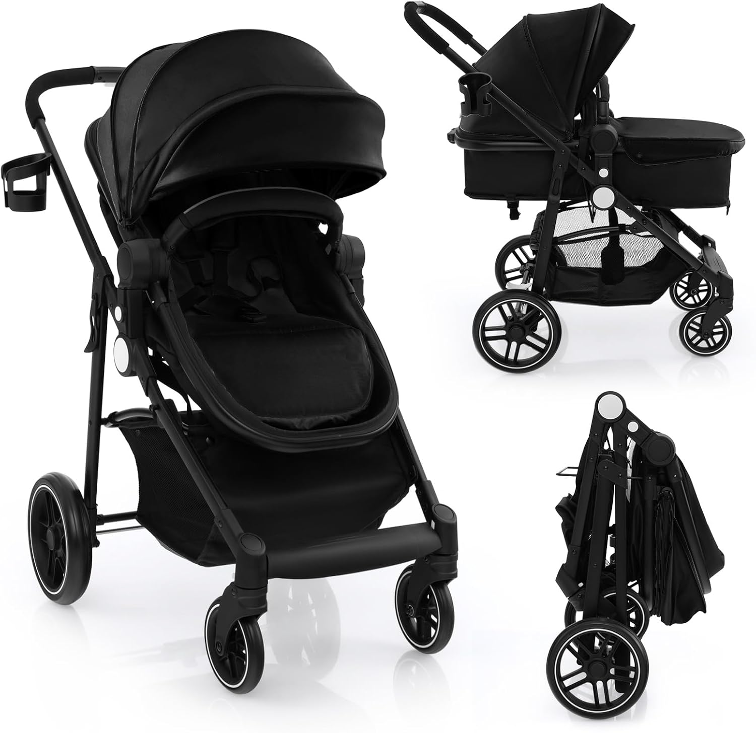 COSTWAY 2 in 1 Baby Pushchair, Foldable Travel System Pram with Reversible Seat, Adjustable Canopy, Storage Basket, Cup Holder, Lightweight Infant Stroller for 0-36 Months (Black)
