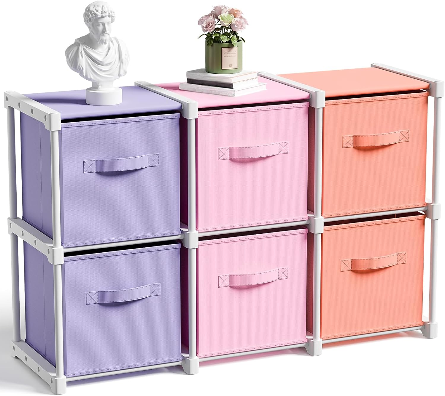 6 Cube Storage Organizer with Shelf 11x11 Inch Toy Box Collapsible Storage Cabinet Drawers Fabric Closet Organizers for Home Bedroom Playroom Toys Clothes Books (Pink,Purple,Orange)