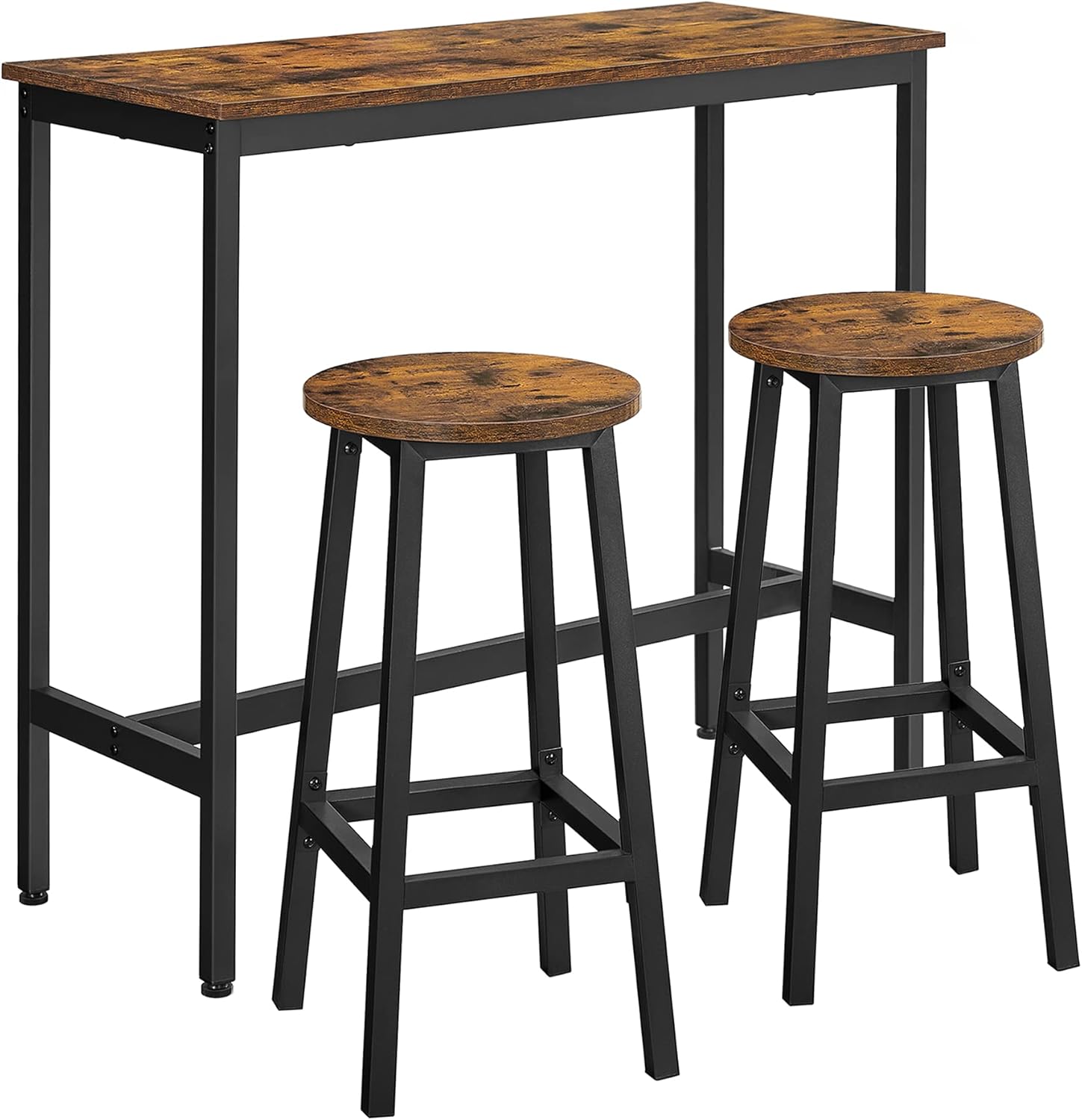 VASAGLE Dining Table Set, Bar Table and Stools, Breakfast Bar Table with 2 Round Bar Stools, Industrial Steel Frame, Rustic Brown and Ink Black LBT219B01