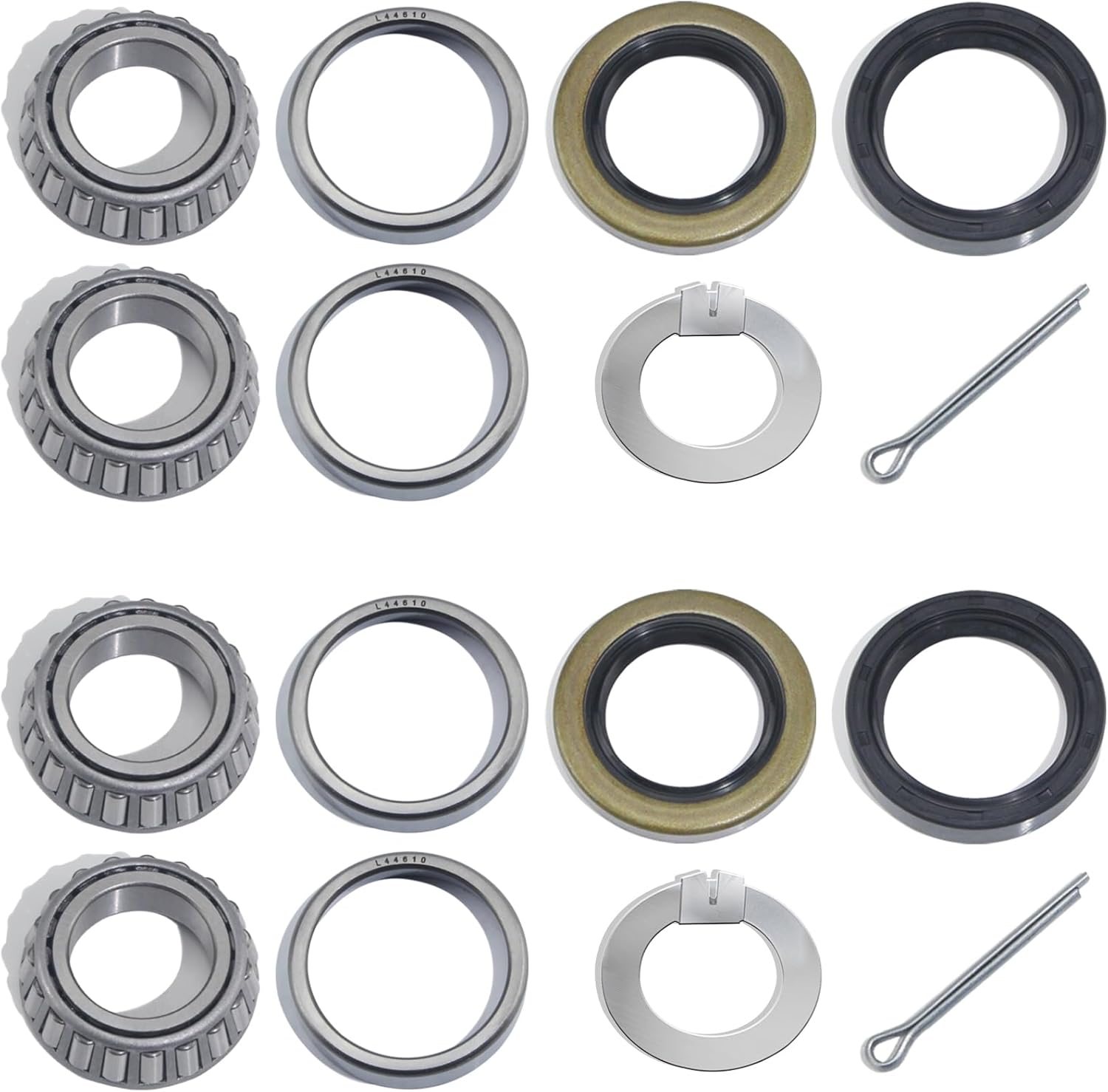 2Sets for 1-1/16'' Axle Trailer Hub Bearings Kits, L44649/L44610 Bearings Set with D-style Spindle Tang Washers, 12192TB 15192TB Grease Seals Cotter Pins for 2000-2200lbs BT9 Straight Spindle