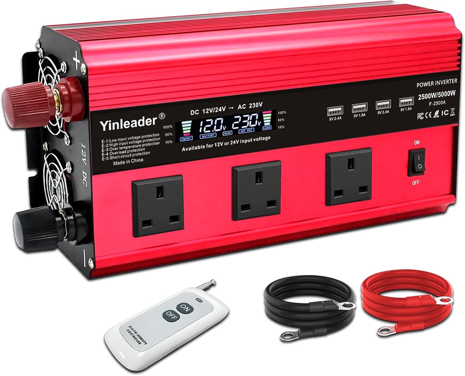 Yinleader Power Inverter 2500W DC 12V/24V to AC 240V Converter Big LCD Display 3 UK sockets 4 USB -Suitable for Travel, Camping, RV