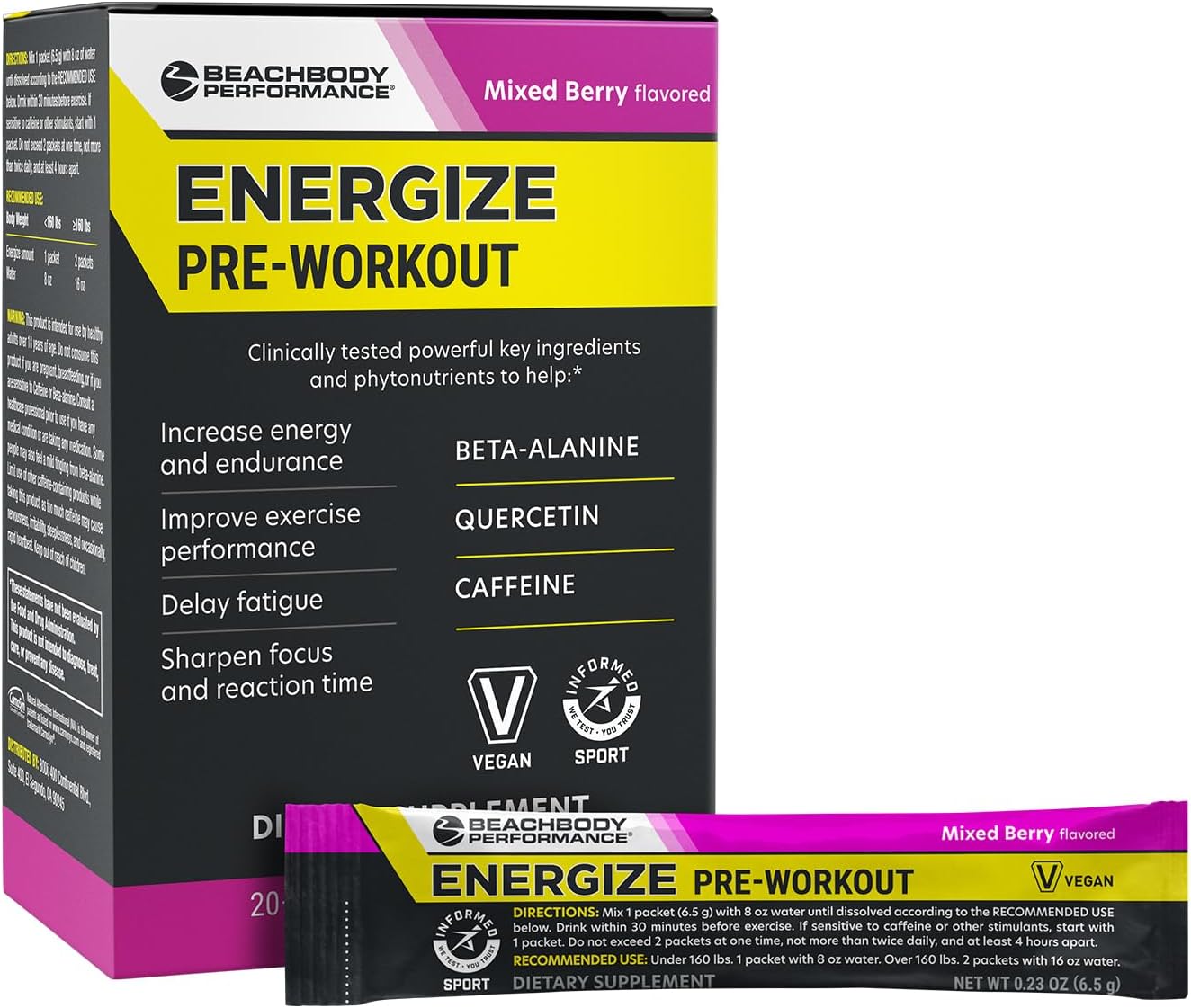 BODi Energize Pre Workout Powder - Beta-Alanine, Quercetin & Low-Dose Caffeine Formula for Enhanced Energy & Focus, Increase Energy & Endurance Supplement, Mixed Berry, 20 Sticks