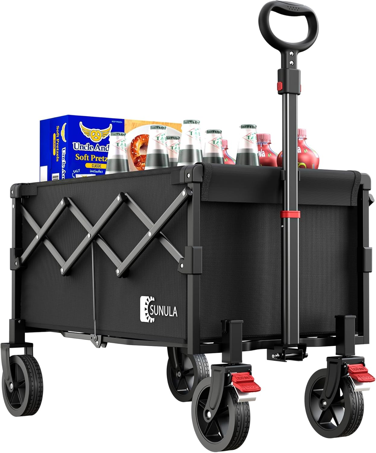 Sunula 220LBS Folding Camping Trolley, Heavy Duty 120L Large Capacity Garden Wagon Cart with All-Terrain Wheels, Lightweight Outdoor Utility Foldable Festival Trolley for Grocery, Shopping, Black