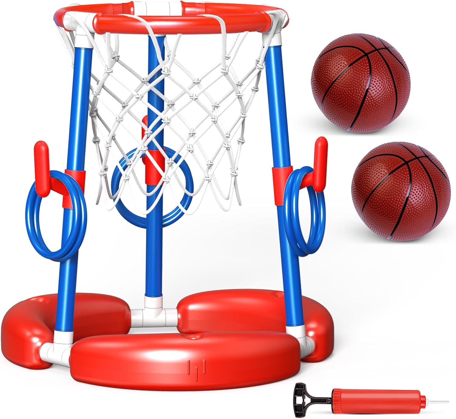 Pool Basketball Hoop & Ring Toss Game 2-in-1 Floating Basketball Pool Toys Games Set, Summer Swimming Pool Fun Games for Kids and Adults, Include 2 Balls and Pump, Blue