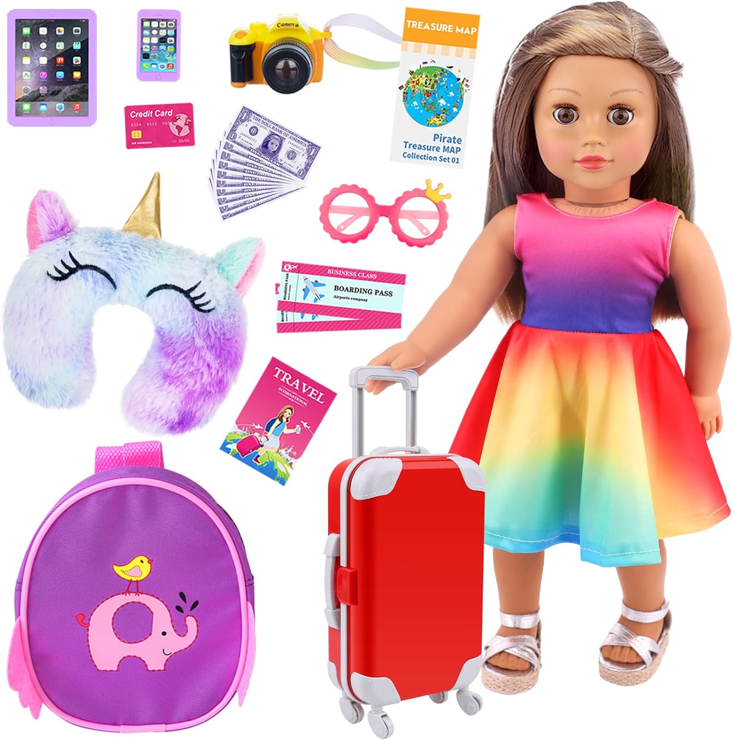 K.T. Fancy 23 PCS 18 Inch Girl Doll Accessories Suitcase Travel Set Including Clothes Suitcase Backpack Camera Pad Cell Phone Neck Pillow Pink Glasses and Other Travel Set
