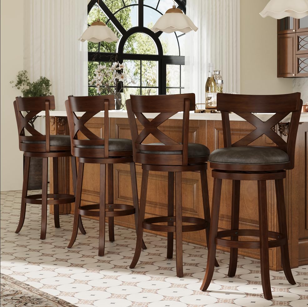 PHI VILLA 30 inch Bar Height Stools Set of 4,Swivel Wooden Barstools Tall Upholstered Faux Leather Barstool with Back,Vintage Bar Height Chairs,Dark Brown Kitchen Stools
