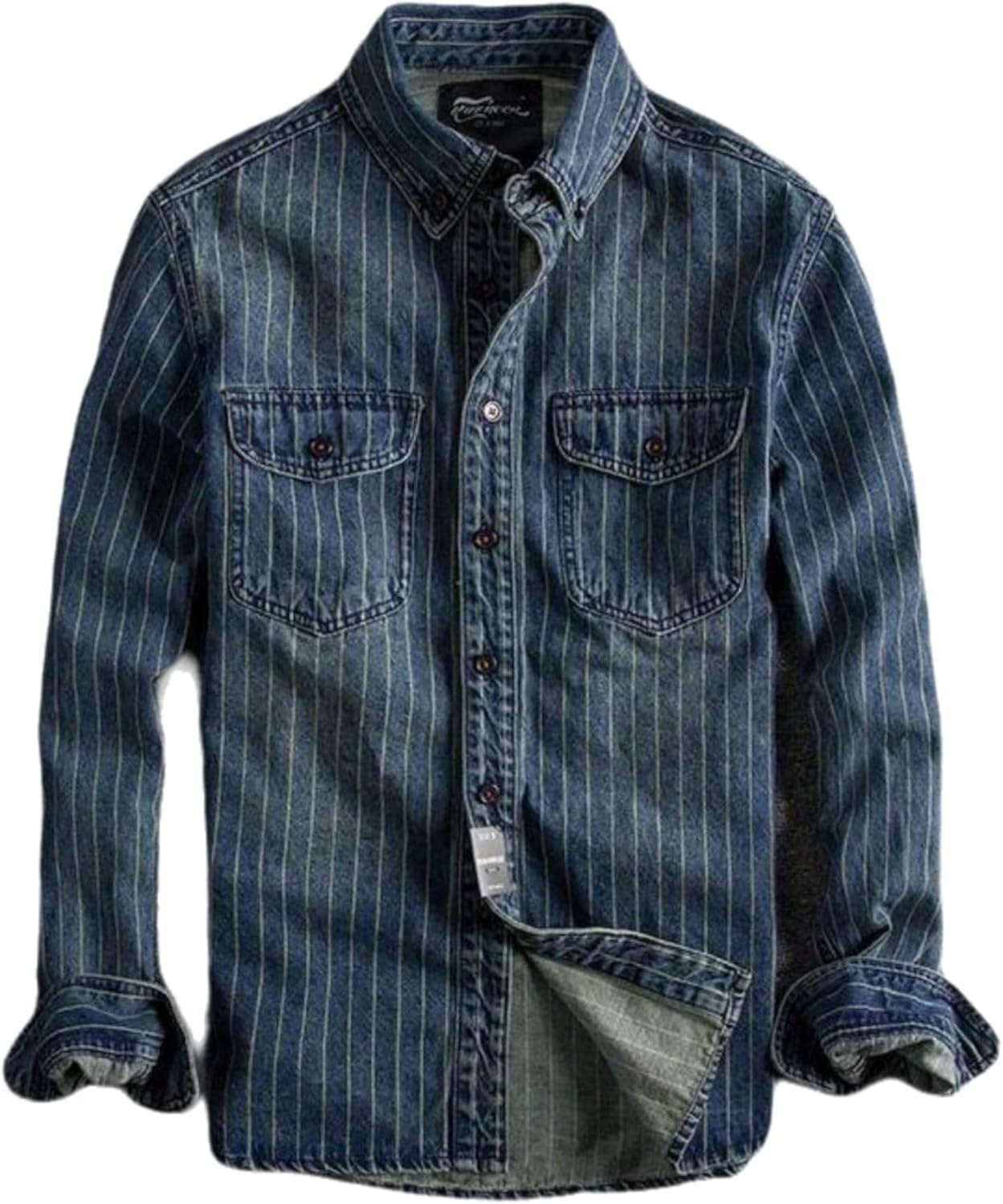 SevenBoy Mens Vintage Striped Denim Button-Down Shirt, Long Sleeve, Dual Front Pockets Casual Shirt Coat