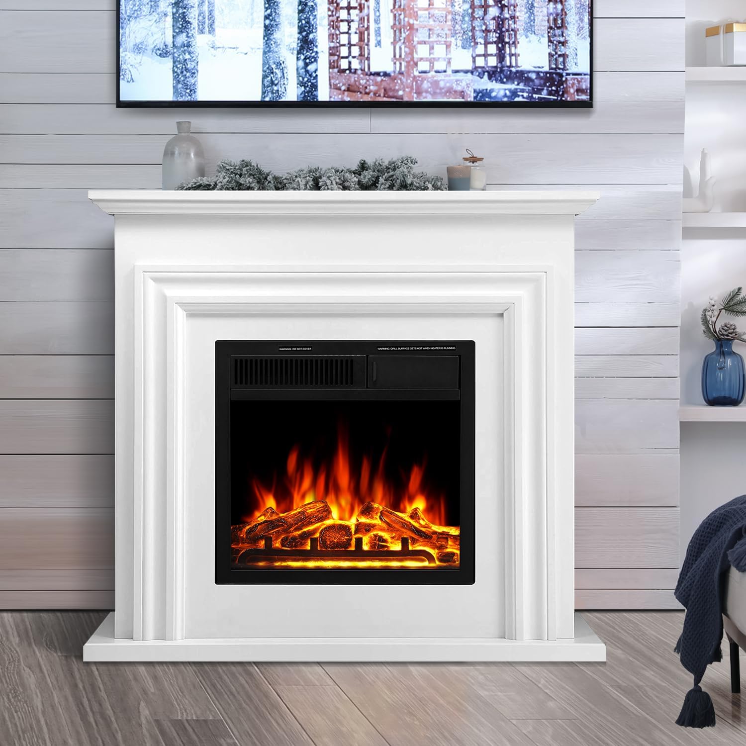 R.W.FLAME Electric Fireplace Mantel Wooden Surround Firebox, 36" Pearl White TV Stand with Freestanding Electric Fireplace,Remote Control, Adjustable Led Flame, 750W/1500w