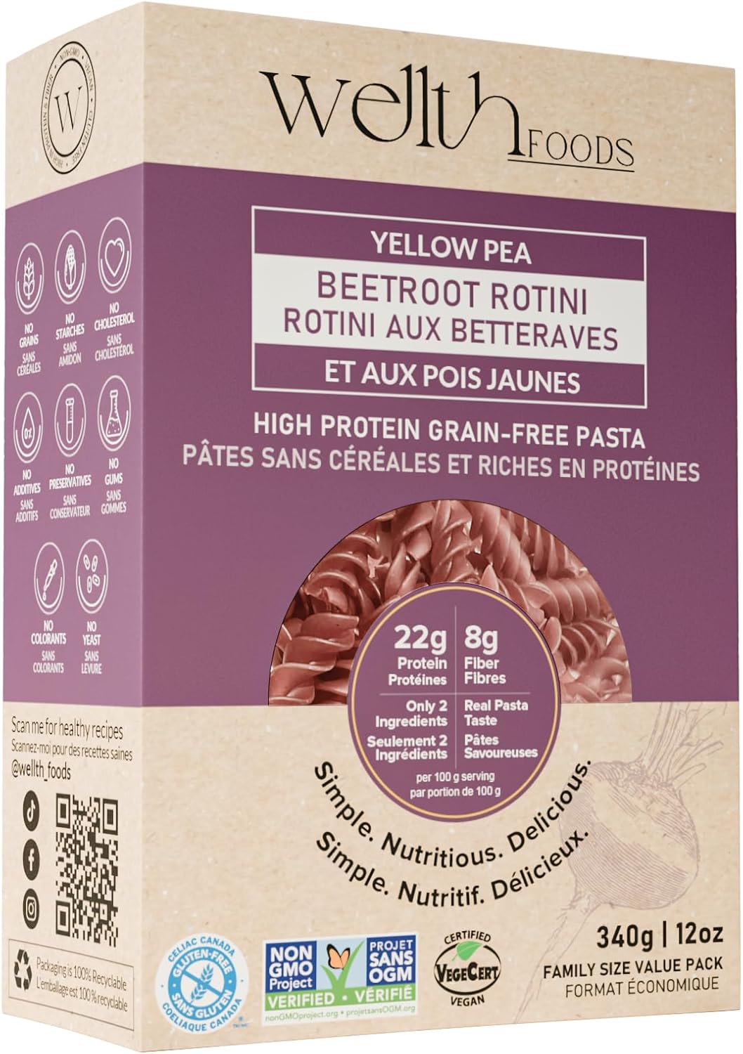 WELLTH Beetroot High Protein Pasta | Family Size Value Pack (340g) | 100% Natural Ingredients Beetroot & Yellow Pea | Grain Free, Gluten Free, High Fiber, Vegan Pasta with 22g Protein