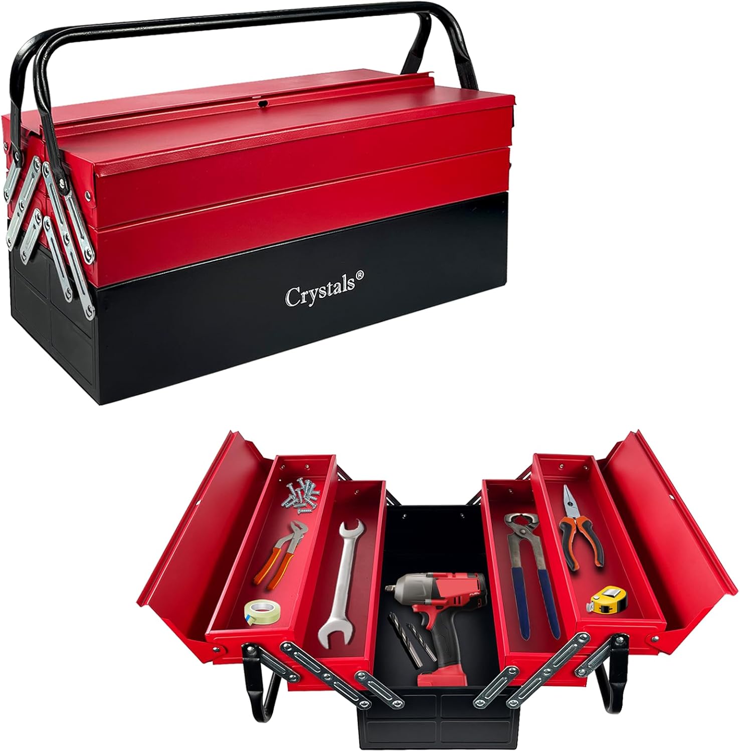 Crystals 3 Tiers - 5 Trays Metal Tool Box, Cantilever Organiser Storage Box for Garage Home Tools, Toolbox - Red (47 x 32 x 20cm)