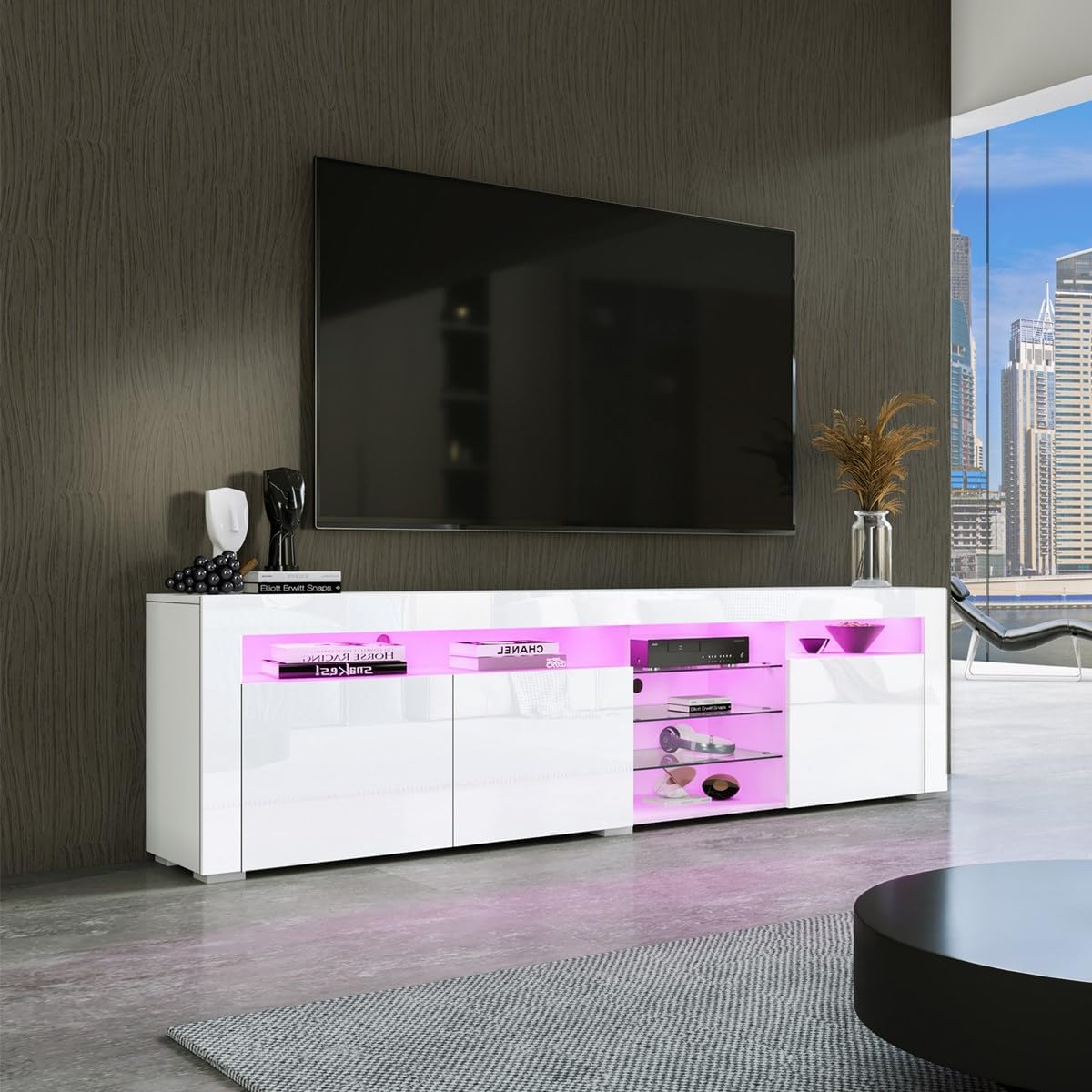 Modern TV Stand for Living Room with LED Lights 3 Doors Storage, High Gloss White TV Stand, TV Entertainment Center for Home Furniture, Television Stands 180cm