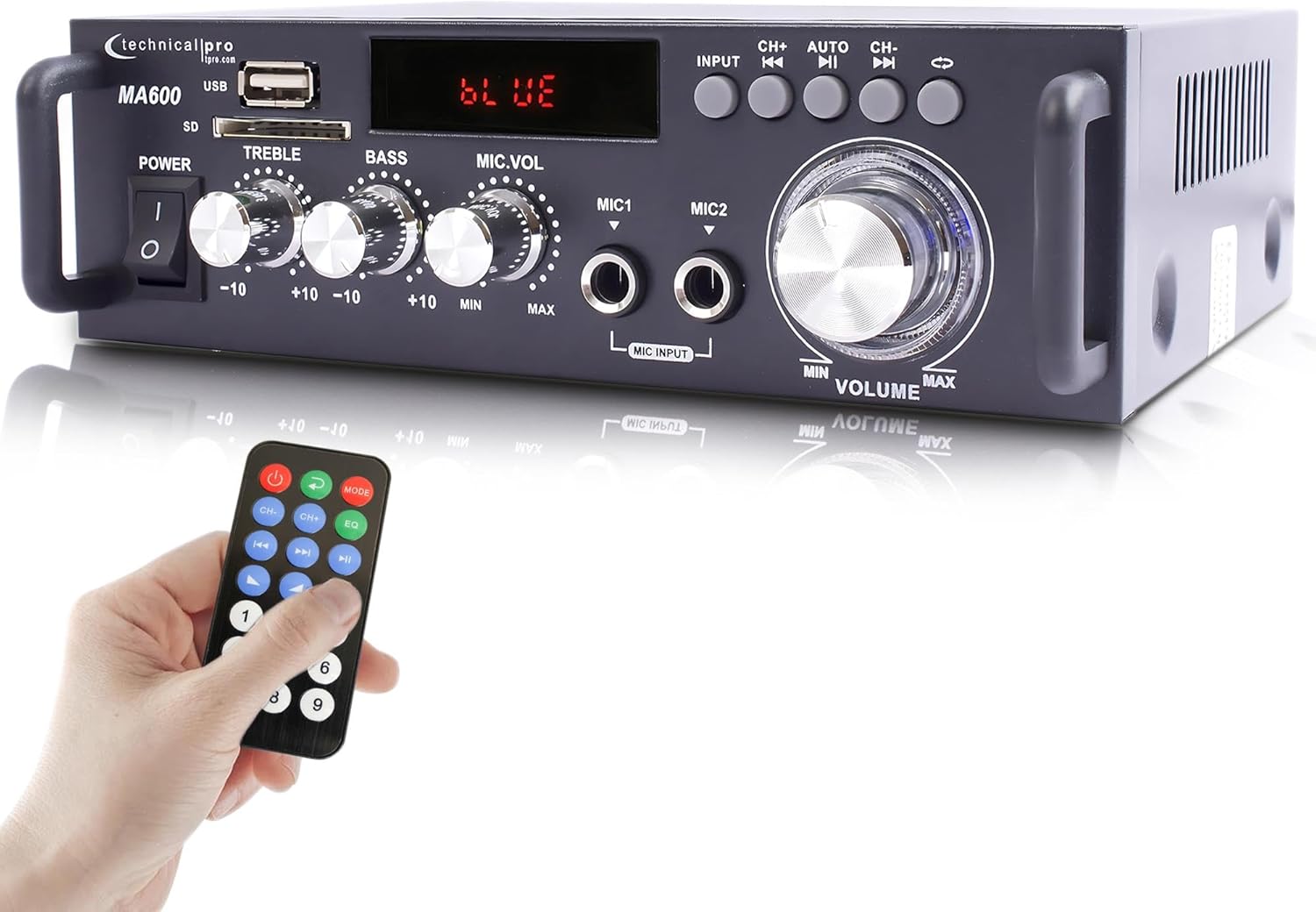 2-Channel 600 Watt Bluetooth Home Stereo Amplifier, AC/DC Power, 2 Mic Inputs, Wireless Remote, Bass & Treble Controls by Technical Pro