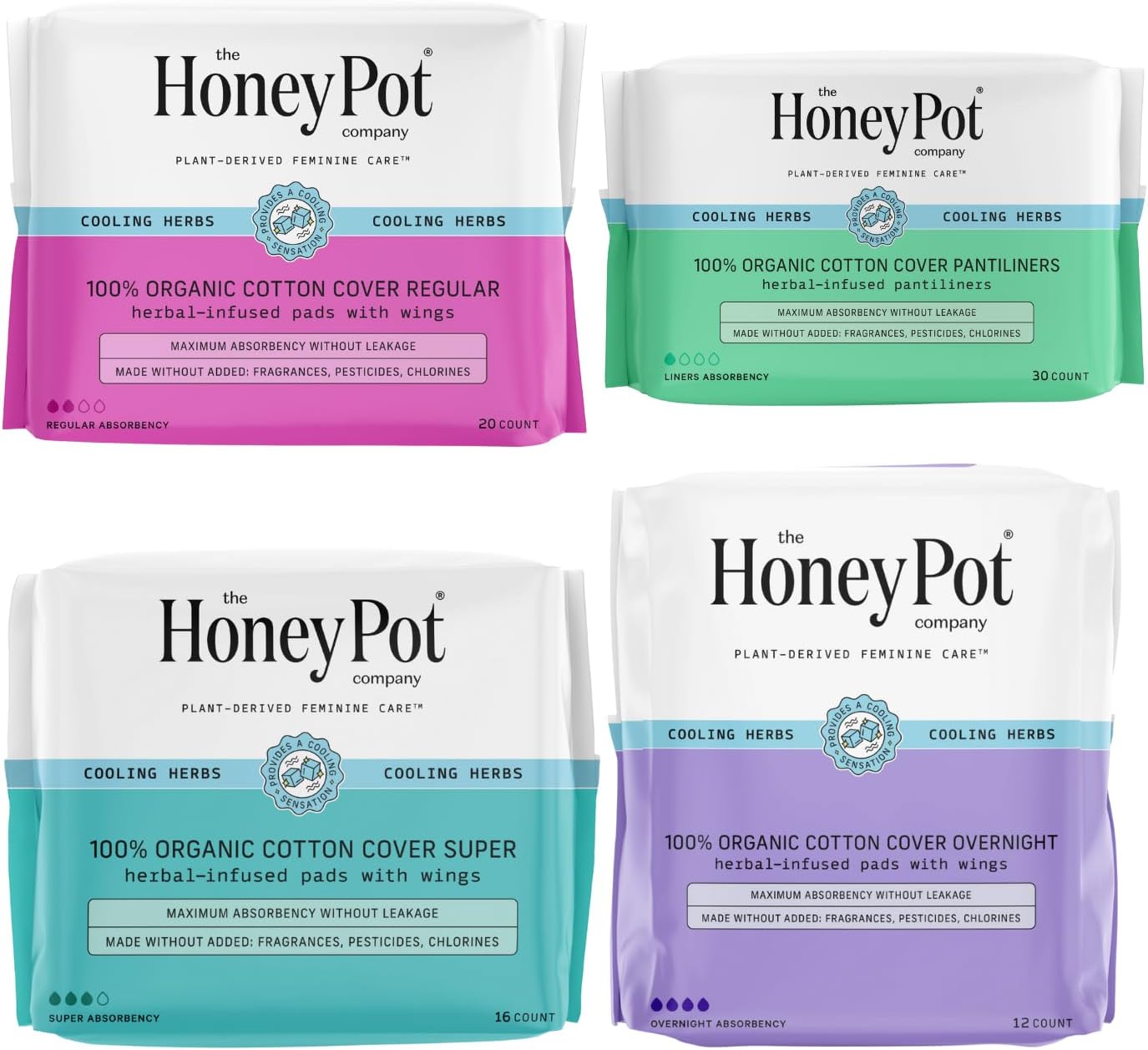 The Honey Pot Company - Pads for Women - Herbal Essentials Bundle - Organic Cotton Cover & Ultra-Absorbent Pulp Core - Sanitary Pads for Women - Feminine Care - FSA & HSA Eligible