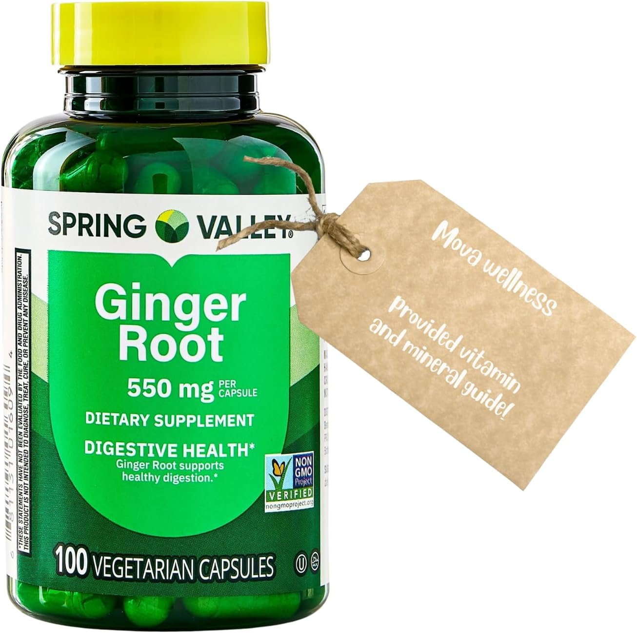 Ginger Root 550 mg Capsules,Digestive Health Support,Nausea & Bloating Relief, Herbal Dietary Supplement,100 Count+ e-Book Vitamins and Mineral Guide
