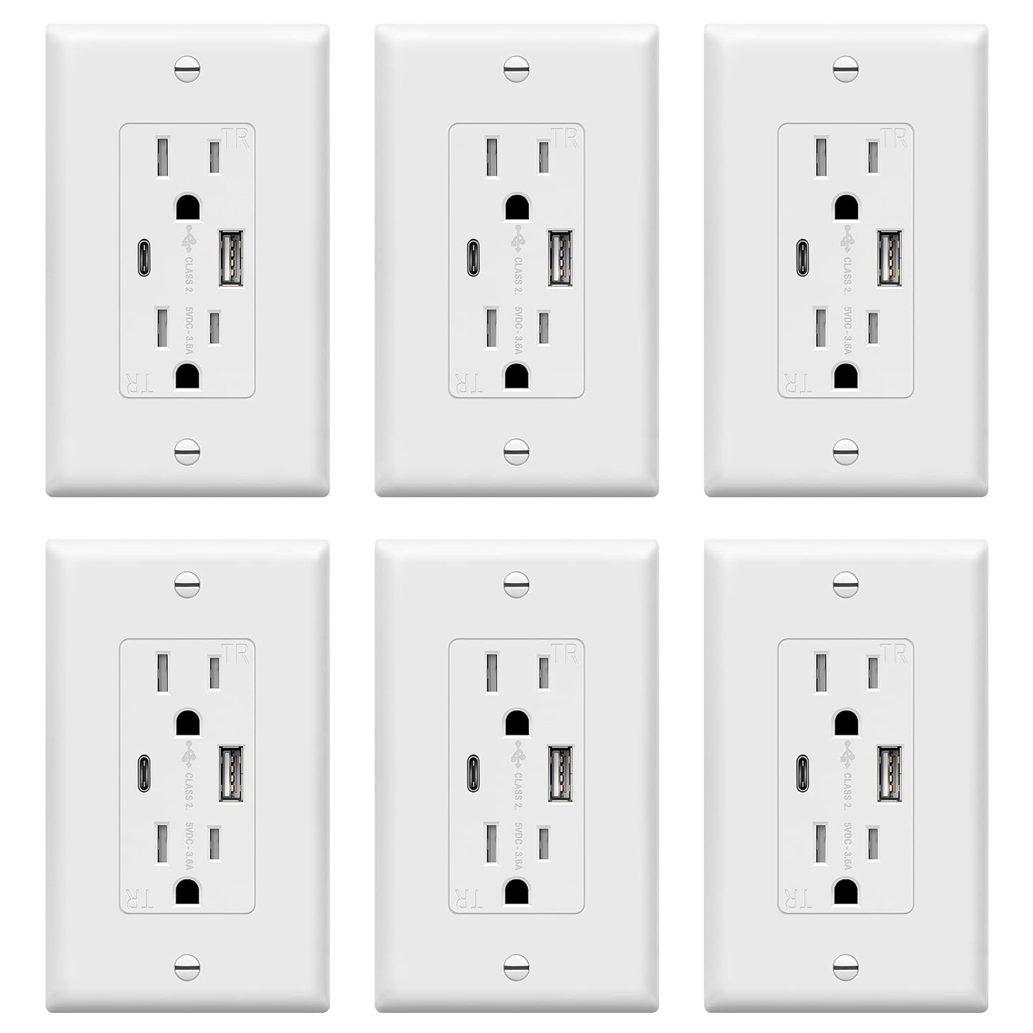 TOPGREENER USB Outlet, Type C & Type A USB Wall Outlet, 15 Amp Tamper Resistant Receptacle Plug, Charging Power Outlet with USB Ports, Wall Plate Included, UL Listed, TU21536AC-W-6PCS, White, 6 Pack