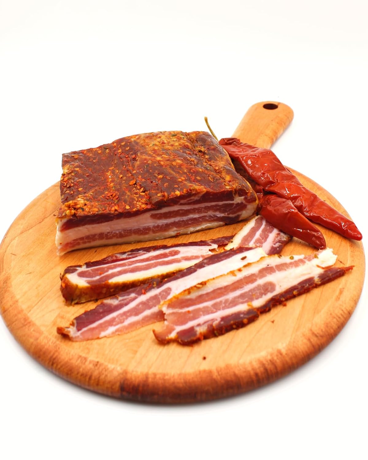 Fortuna's Calabrese Pancetta - Naturally Dry Cured Pork Belly with True Calabrian Hot & Sweet Pepper. Hand-Selected, Hand-Rubbed with Special Spice Blend. Made in USA. Flat Like Slab Bacon. 12 oz new size