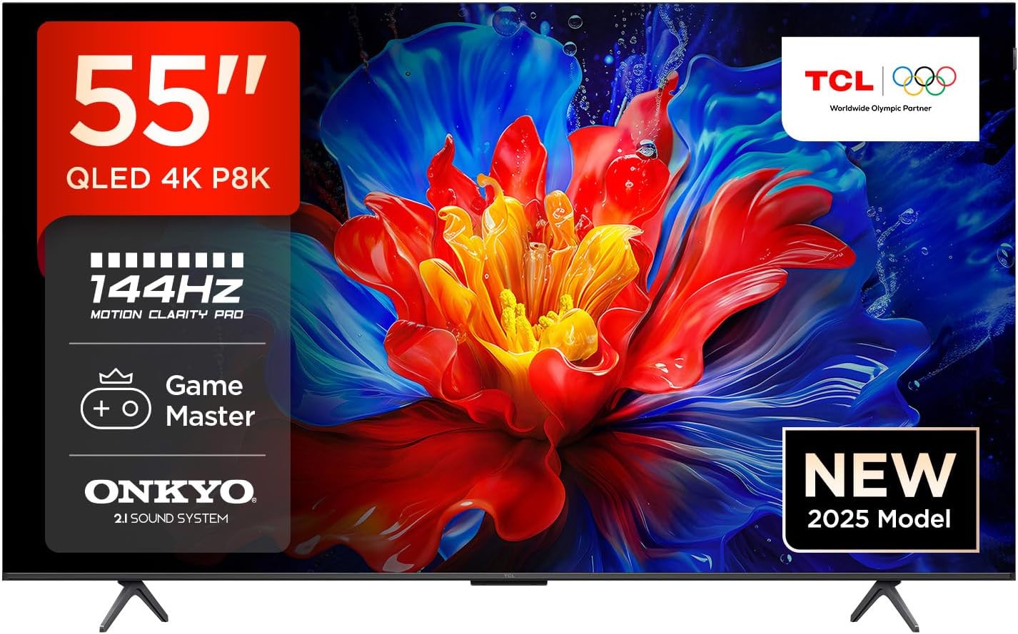 TCL 55P8K-UK 55" 4K 144Hz Gaming QLED Onkyo 2.1 Dolby Atmos Google TV with Dolby Vision & HDR 10+