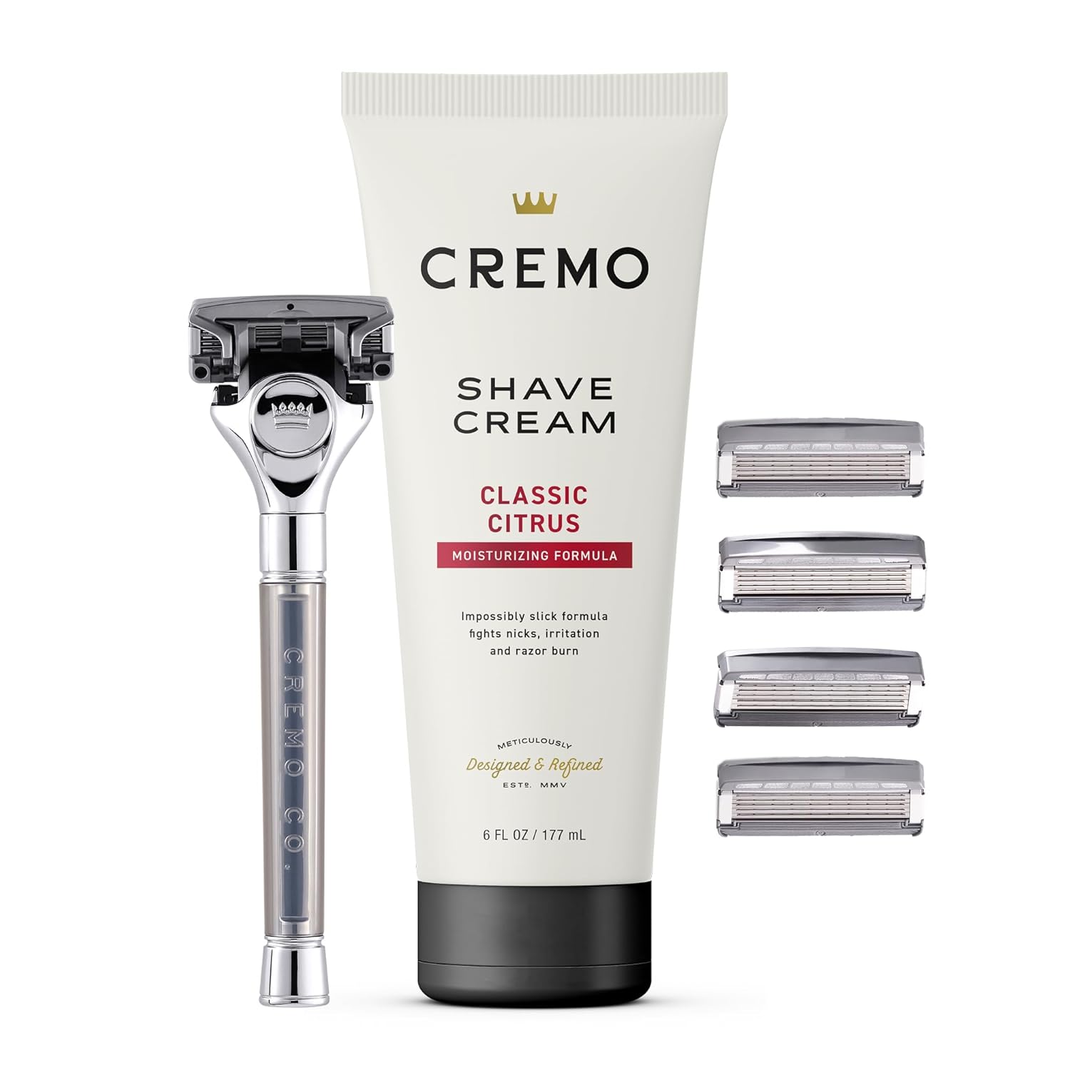 Cremo Original Shave Gift Set for Men, includes Impossibly-Slick 6 oz Shaving Cream, Chrome Barber Grade Razors for Men and four Razor Blades Refills