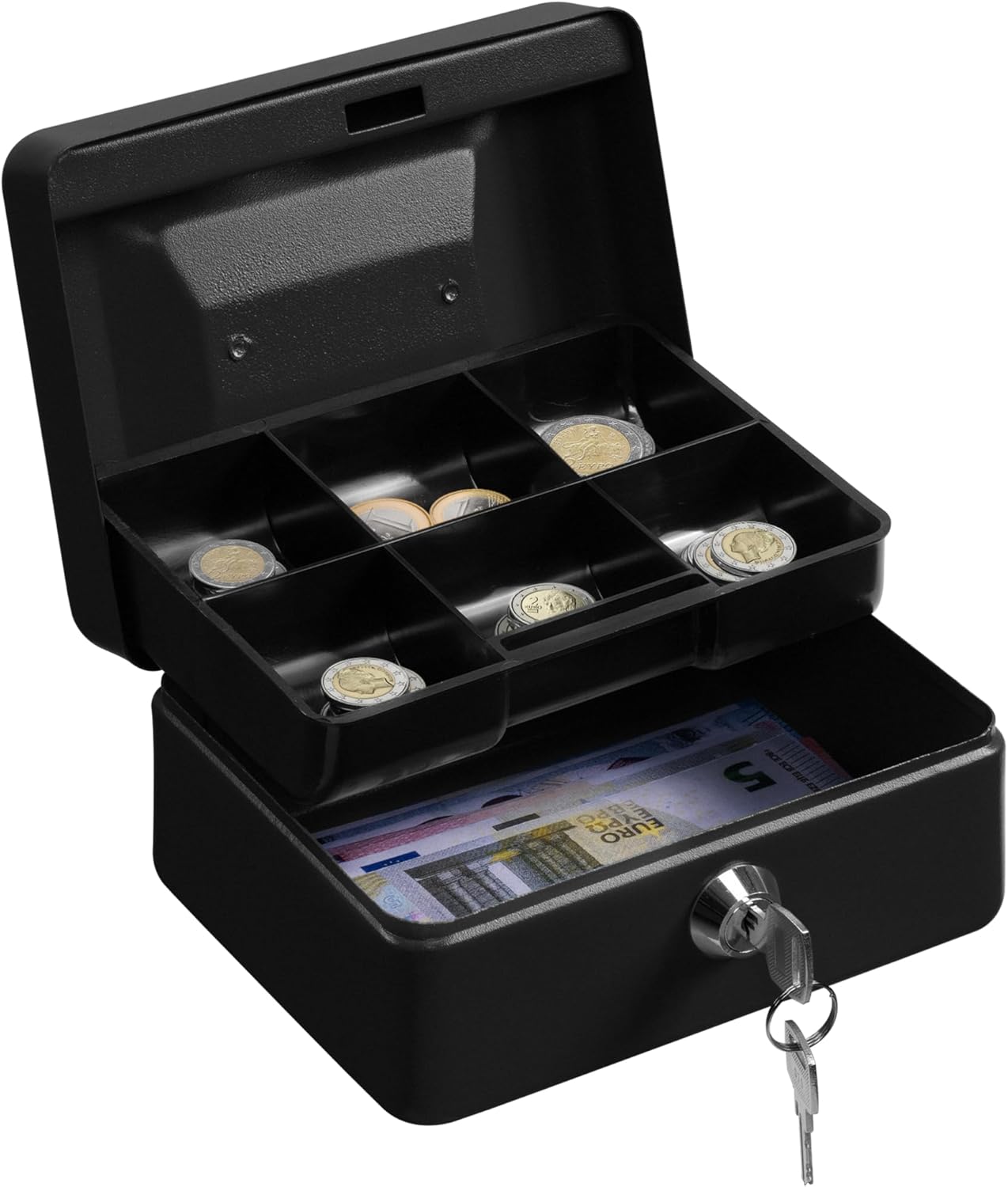 H&S Money Box with Key - 6 inch Money Tin with Lock - Small Lockable Cash Box with Coin Tray for Petty Cash Coins Notes - Locking Metal Safe Box with 2 Keys - Black Matt