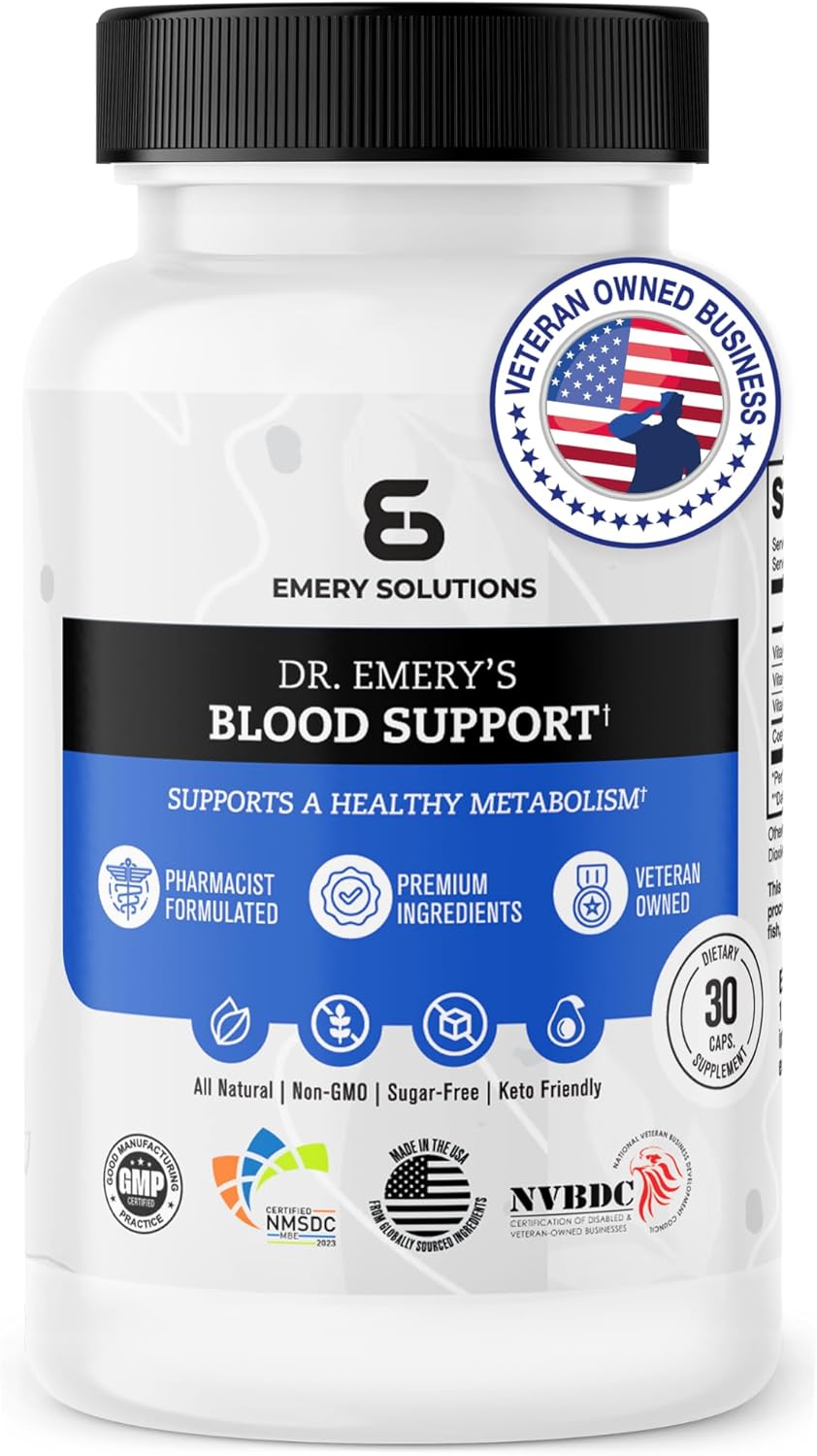 Dr. Emery’s Blood Support - Replenishes Vital Nutrients, CoQ10, B6, B9, B12 Vitamins, Non GMO, All Natural, Keto Friendly - 30 Capsules