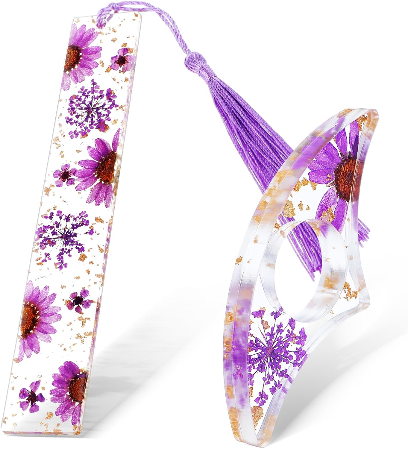 Gjinxi 2 Pcs Fan Book Page Holder, Dried Flower Resin Thumb Book Page Holder and Bookmark with Tassel, Book Accessories for Reading Lovers, Gift for Bookworm, Readers, Literary, Students, Teachers