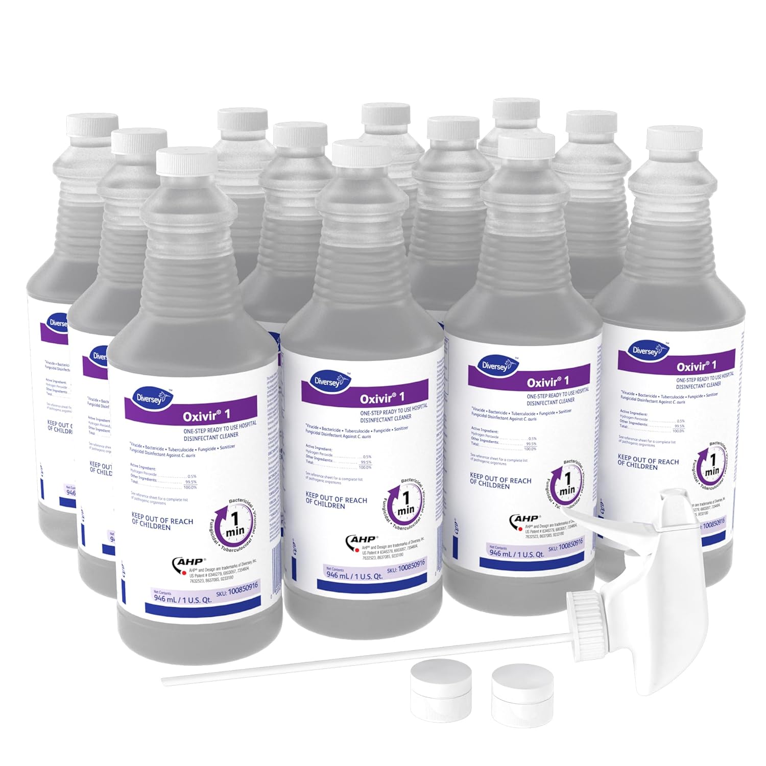 Oxivir Diversey 1 100850916 One Step Hospital Strength Liquid Disinfectant Cleaner, Accelerated Hydrogen Peroxide AHP, Ready-to-Use, 32-Ounce (Pack of 12 Bottles + 1 Spray Trigger)