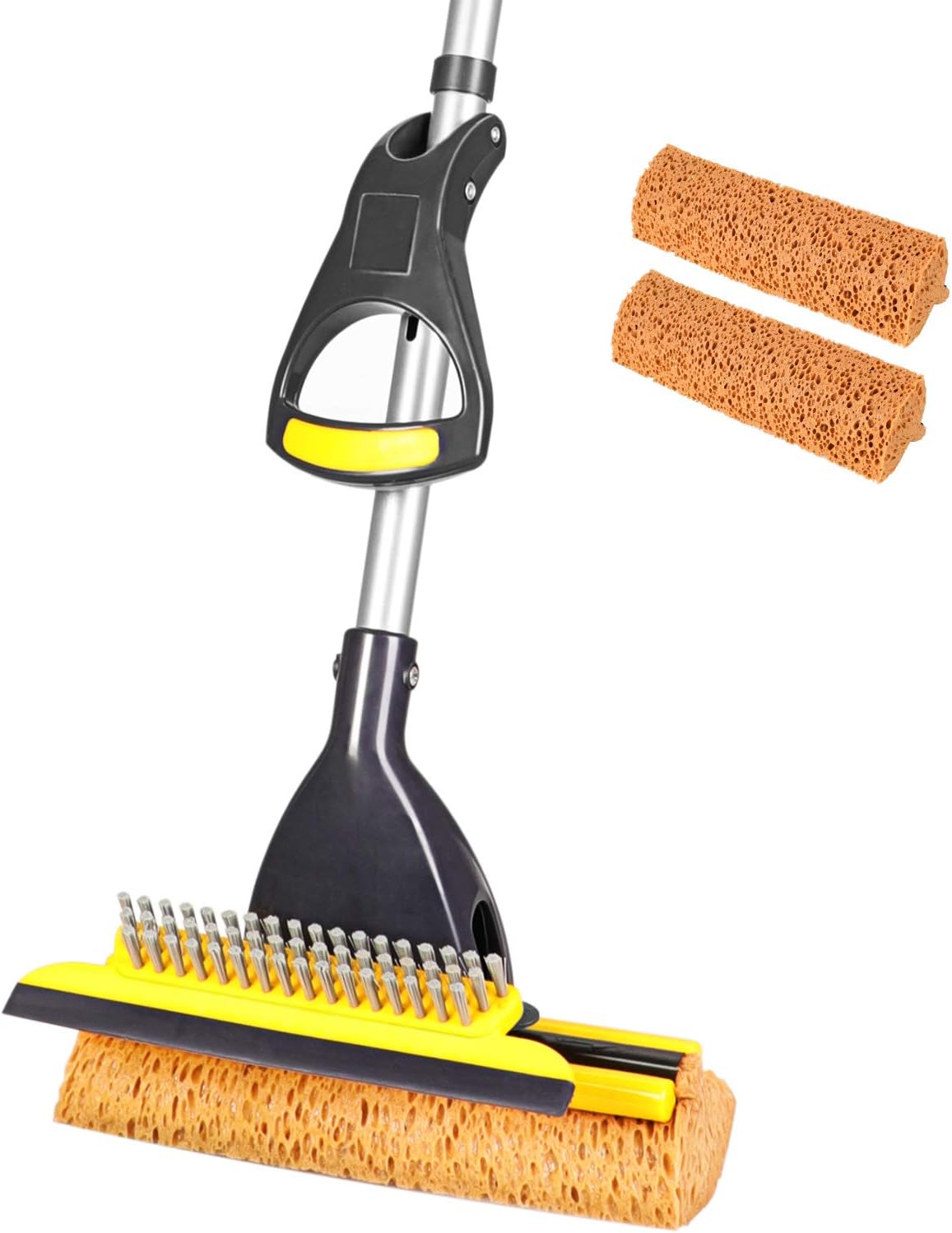 Yocada Sponge Mop Home Commercial Use Tile Floor Bathroom Garage Cleaning Total 2 Sponge Heads NOT 3 Telescopic Handle Squeegee from 42.5 to 52 Inches Easily Dry Wringing only 2 Heads