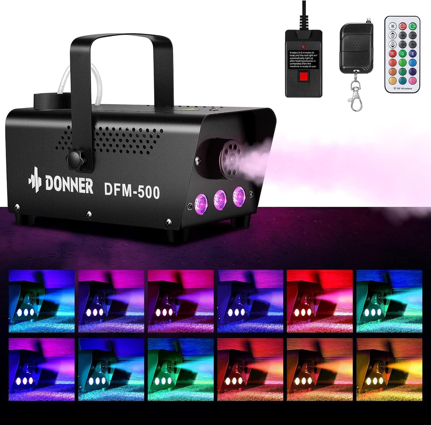 Donner Fog Machine with 13 Colors, 500W 2000CFM Party Smoke Machine with RGB LED Light, Indicate Light with 2 Wireless Remote Controls for Halloween Festival Wedding Indoor Use