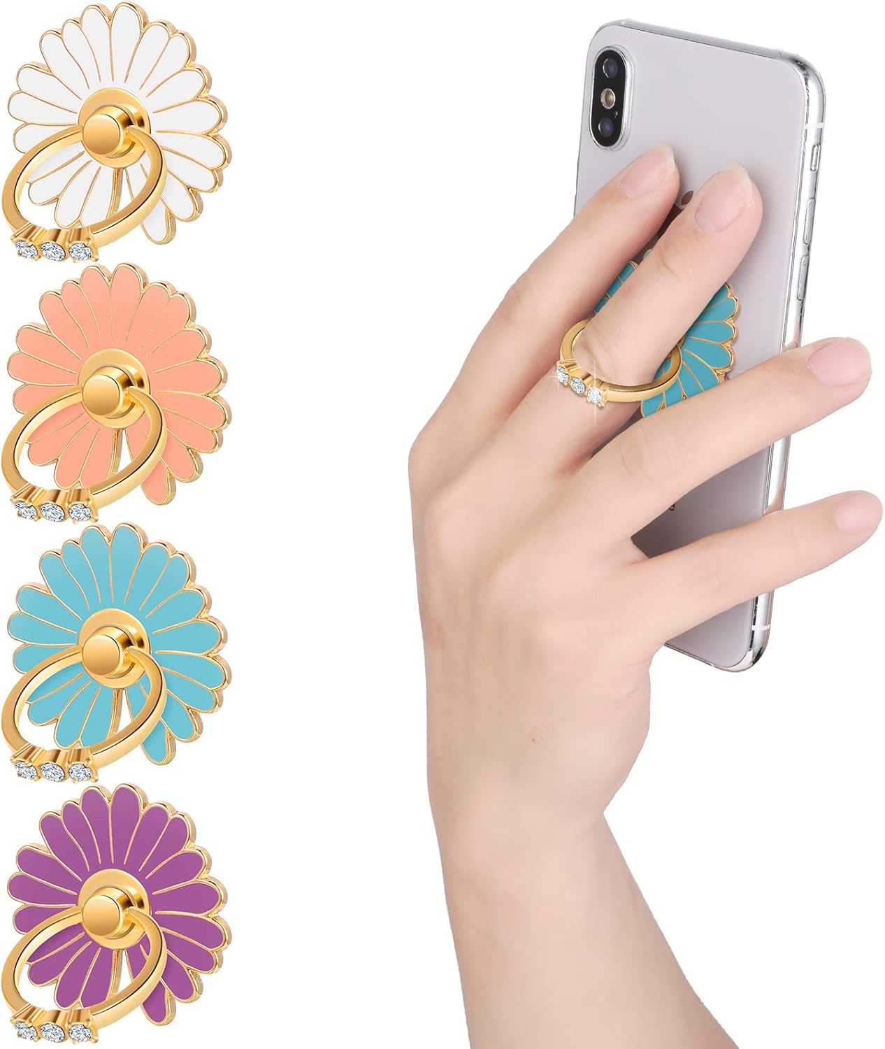 cobee Cell Phone Ring Holders, 4 Pcs Cute Daisy Finger Kickstands Metal Round 180°/360° Rotation Hand Grip with Knob Loop Phone Ring Grips Compatible with Most Smartphones, Tablets(Style-A)