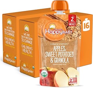 Happy Baby Organics Stage 2 Baby Food Pouches, Gluten Free, Vegan & Healthy Snack, Clearly Crafted Fruit & Veggie Puree, Apples, Sweet Potatoes & Granola, 4 Ounces (Pack of 16)