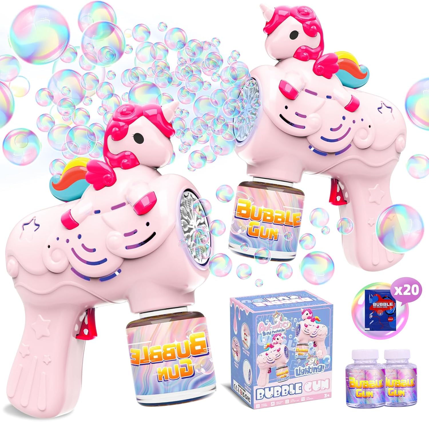 2 Pack Bubble Gun,Bubble Machine for Kids with 2 Bottles Refill Solution, Unicorn Bubble Maker for Toddlers 3-8 Bubble Blower Toy for Girls Kids Summer Outdoor Party Garden Toys Birthday Gift