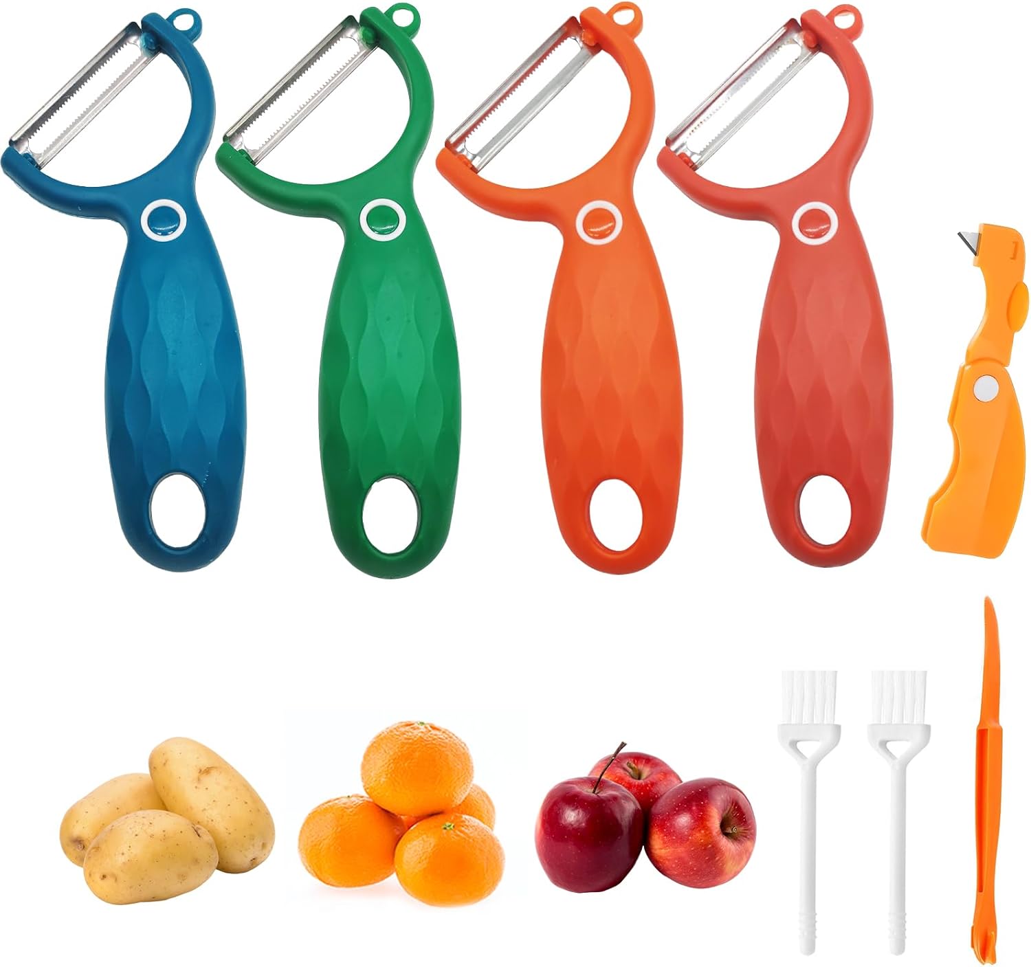 Trez Treamer 6PCS Vegetable Peelers with Fruit Knife for Kitchen,Y P Peelers Stainless Steel Potato Carrot Veggie Cucumber Apple Peeler with Orange Peeler Tool（4 Y +2 Orange Peelers, 2 Brushes)