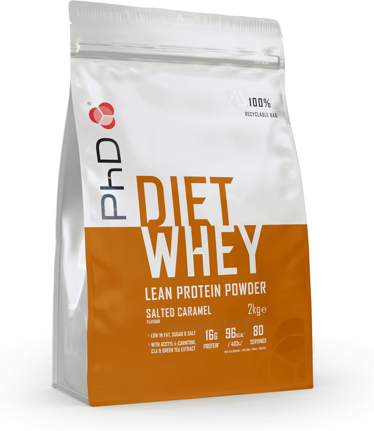 PhD Nutrition Diet Whey Low Calorie Protein Powder, Low Carb, High Protein Lean Matrix, Salted Caramel Diet Whey Protein Powder, High Protein, 62 Servings Per 2 kg Bag [Packing May Vary]