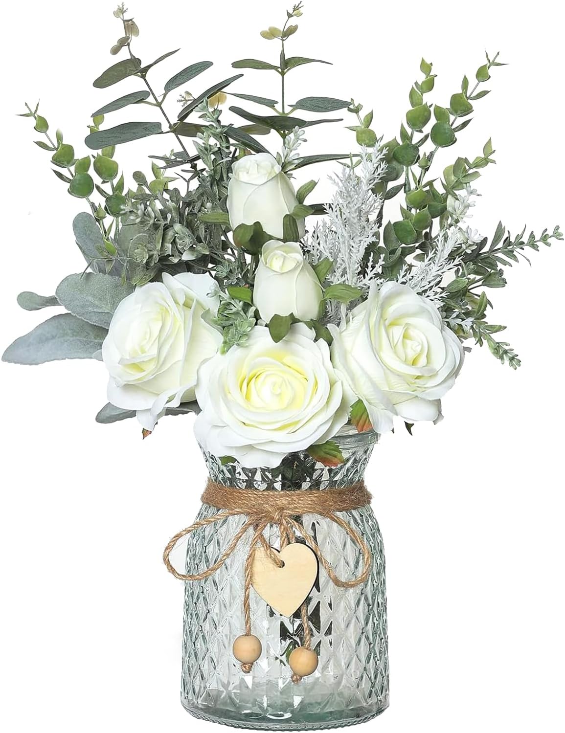Floralsecret Faux Flowers with Vase Artificial White Rose Flowers in Vase Fake Eucalyptus Plant Floral Arrangement for Table Centerpieces, Baby Shower, Home Kitchen Office Coffee Shop Decorations