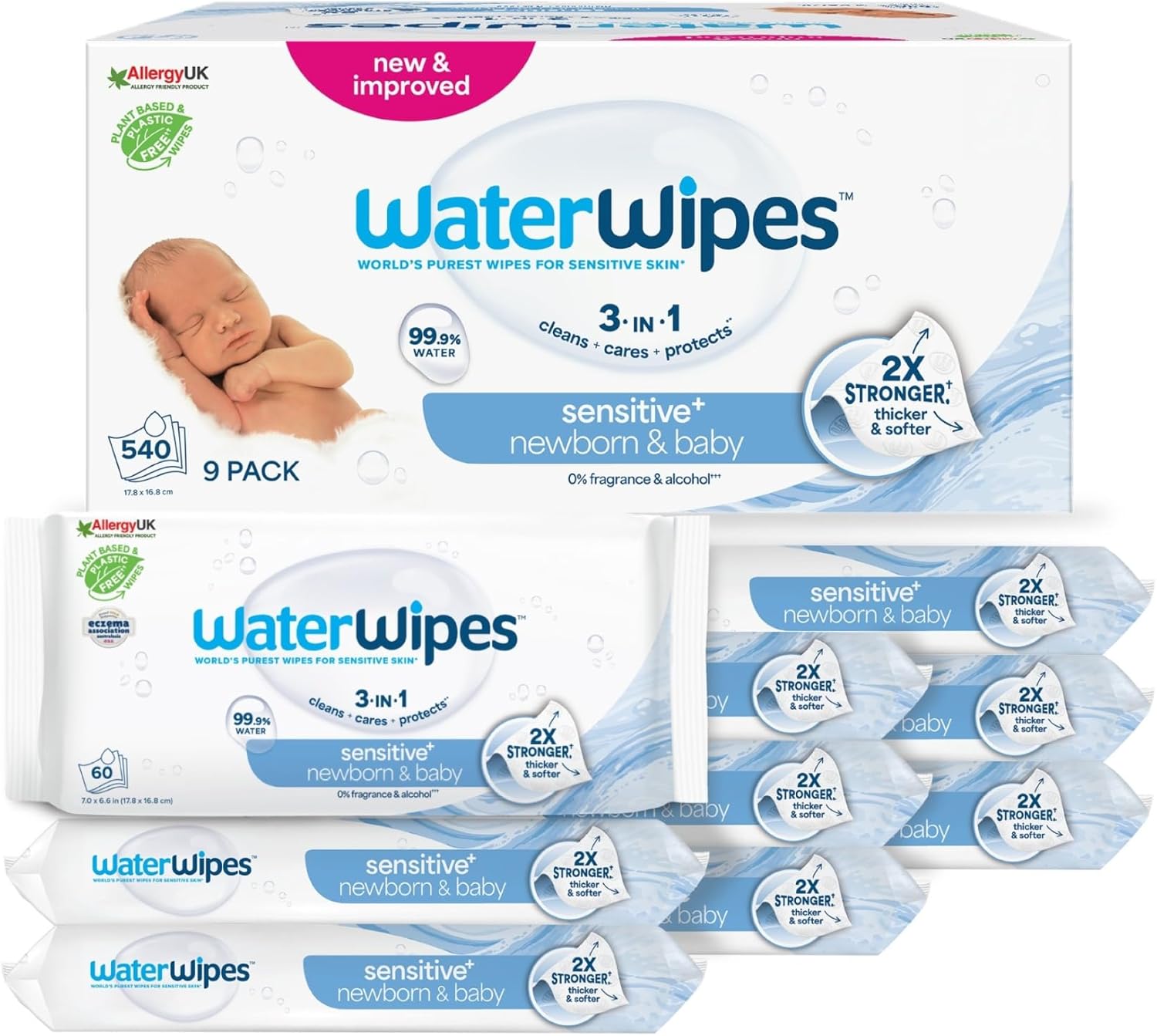 WaterWipes Sensitive+ Newborn & Baby Wipes, 540 Count (9 Packs), 3-In-1 Cleans, Cares, Protects, 99.9% Water, Unscented