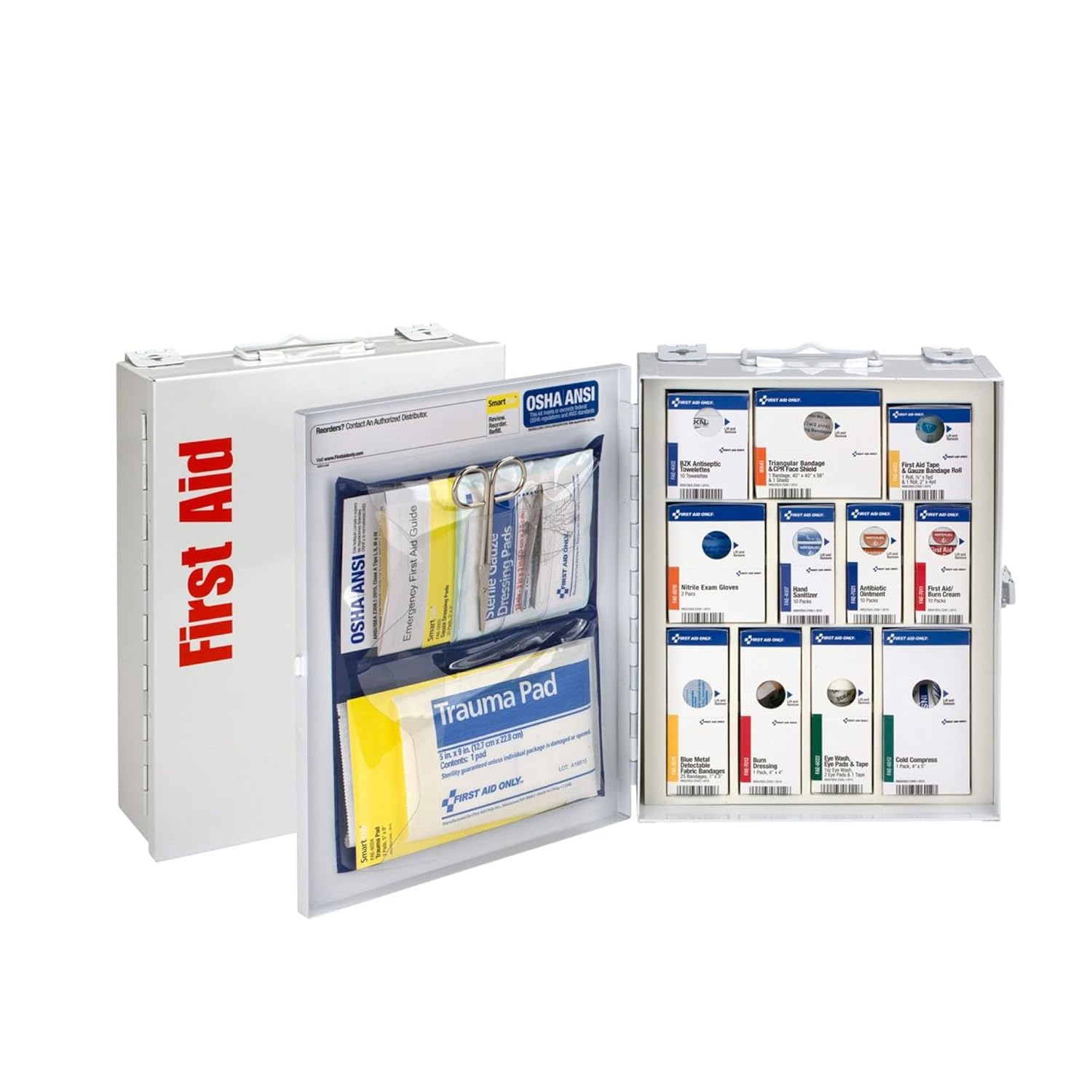 First Aid Only 90658 25-Person SmartCompliance First Aid Kit for Businesses, ANSI 2015 Compliant Metal Food Service First Aid Cabinet, 94 Pieces
