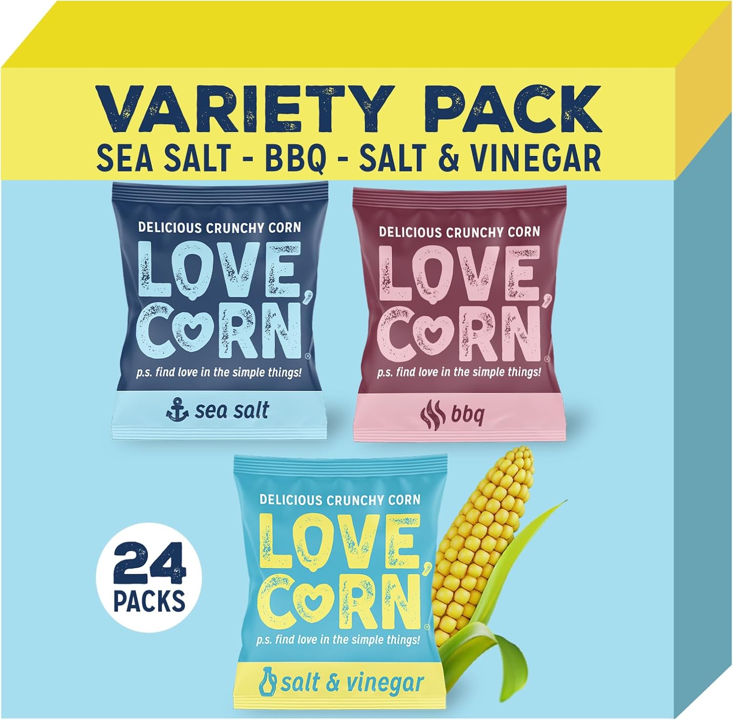 LOVE CORN Variety Pack (8x Sea Salt, 8x BBQ, 8x Salt & Vinegar) – Healthy Snacks Ideal for Gluten Free & Vegan Diets – Low Sugar Alternative for Crisps, Mixed Nuts & Pretzels – Perfect To Graze On