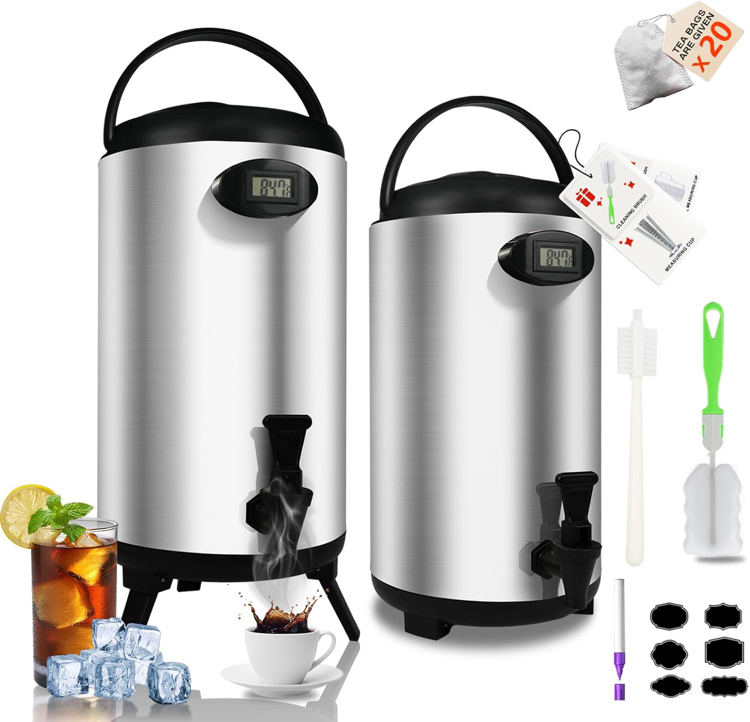 Insulated Beverage Dispenser 2.2 Gallon - Thermal Hot Beverage Dispenser for Parties, Hot Drink Container with Spigot for Water Coffee Tea Milk Cocoa, Silver, 2 Pack, Non-Electric,New