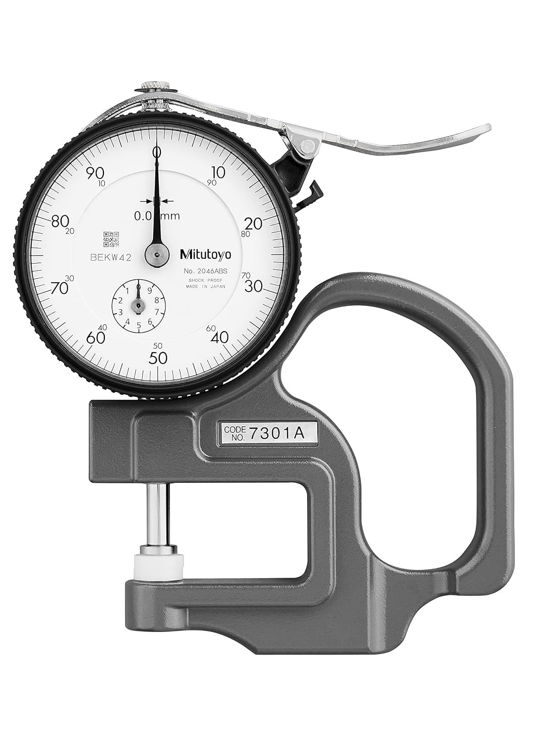 Mitutoyo 7301A Dial Thickness Gage, 0-10mm Range, 0.01mm Graduation, ±15µm Accuracy, 1.4N Measuring Force, Ceramic Anvil & Contact Point, Glare-Free Scratch-Resistant Crystal, White Dial Face