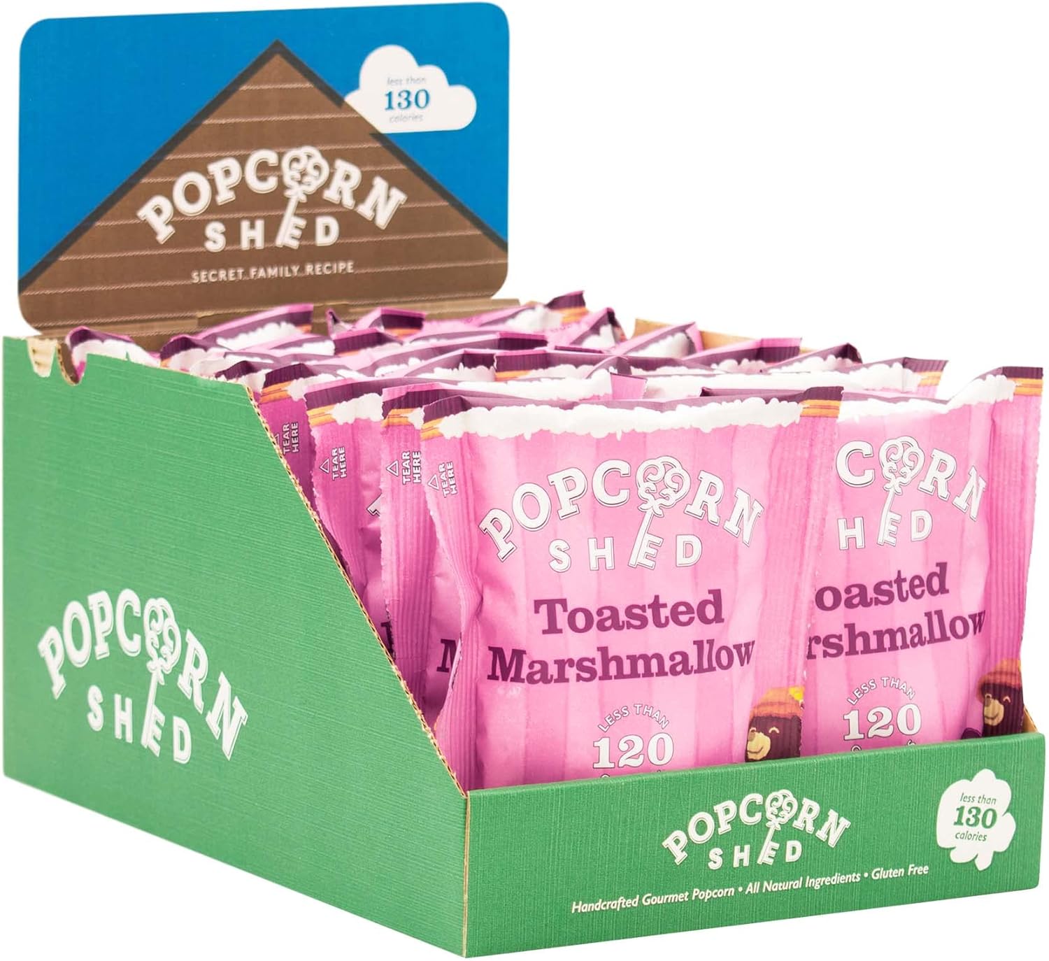 Popcorn Shed Toasted Marshmallow Popcorn Snack Pack, 24g, Pack of 16, Marshmallow Caramel Popcorn, Gluten Free, Natural & Vegan Lunch Box & Movie Night Snacks, Pink