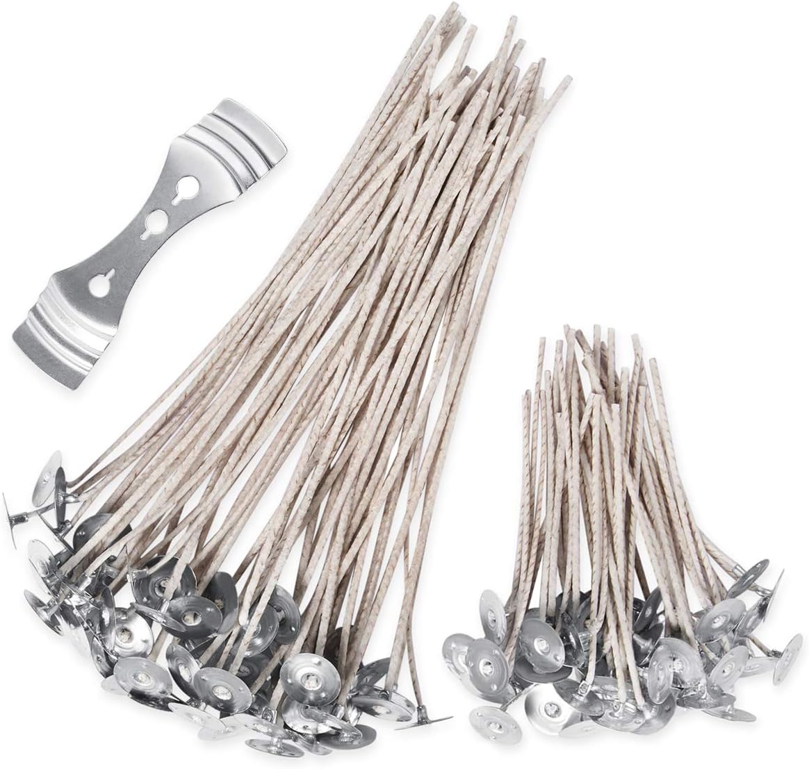 Candle Wicks,SMALUCK 100 Pcs Organic Soy Pre Waxed Cotton Candle Wick 20cm and 10 cm Long with 1Pc Stainless Wick Holder Sustainer for Candle Making(8"&4")